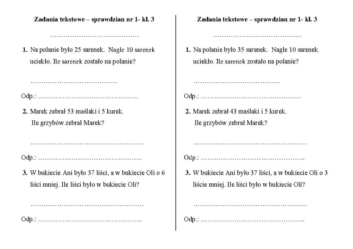 Zadania Tekstowe Klasa 5 Sprawdzian Zadania tekstowe - dfdf - Zadania tekstowe – sprawdzian nr 1- kl. 3