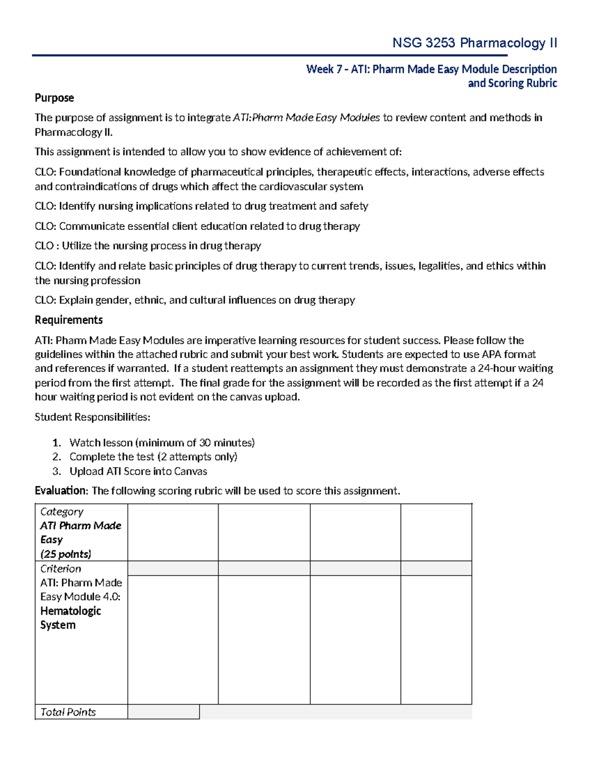 Week 7 ATI Pharm Made Easy 4.0 Module Hematologic NSG 3253