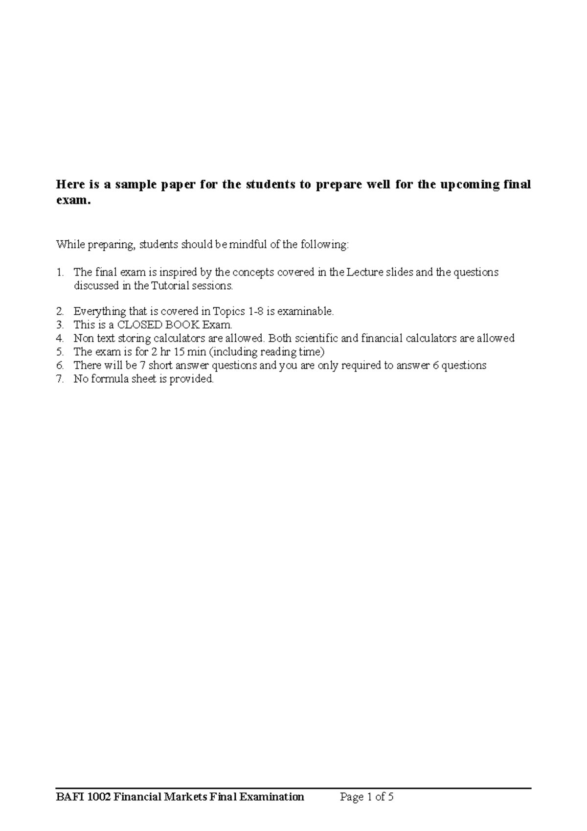 Final Exam 2017, questions - Here is a sample paper for the students to ...