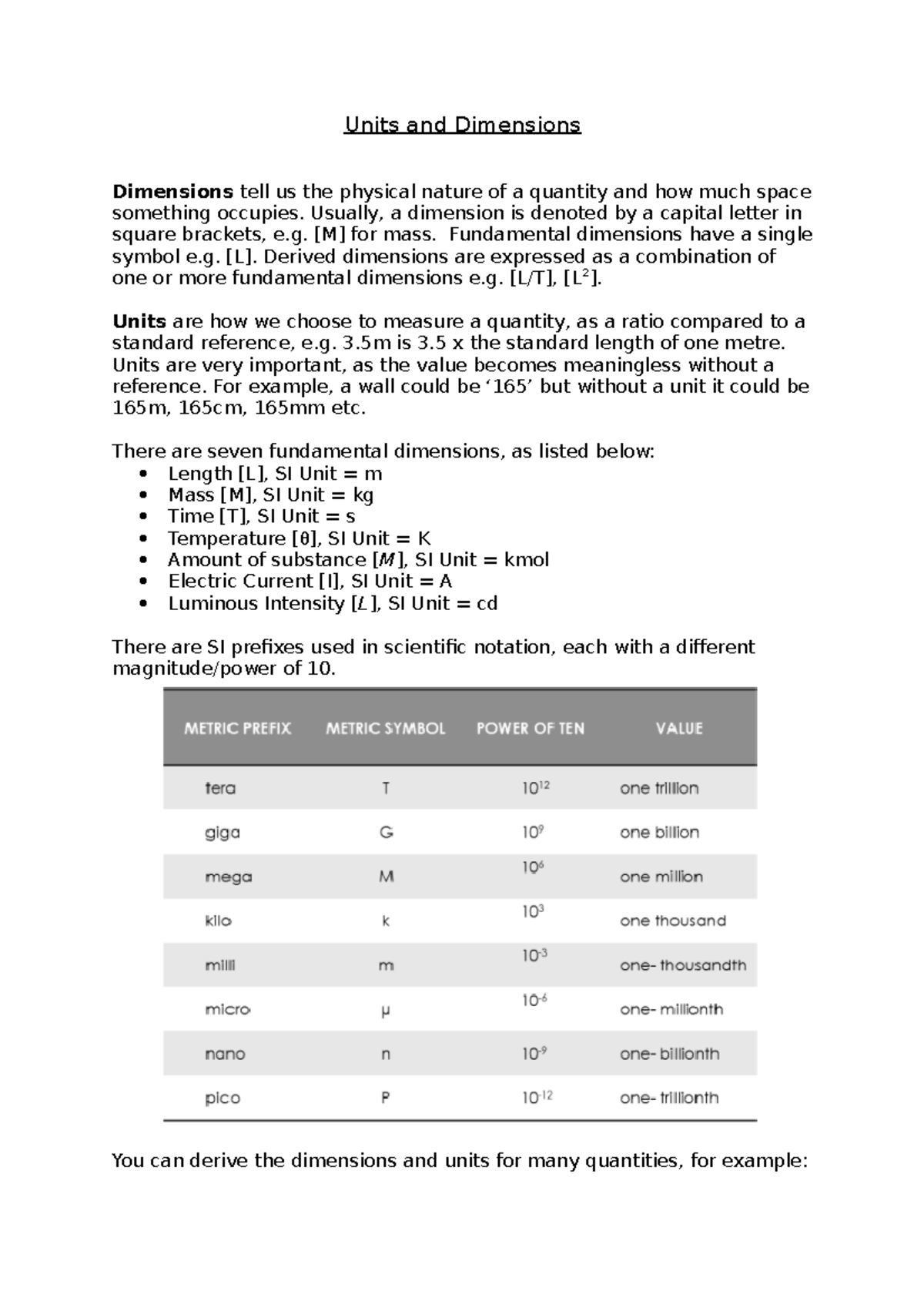 Units and dimensions - Units and Dimensions Dimensions tell us the ...