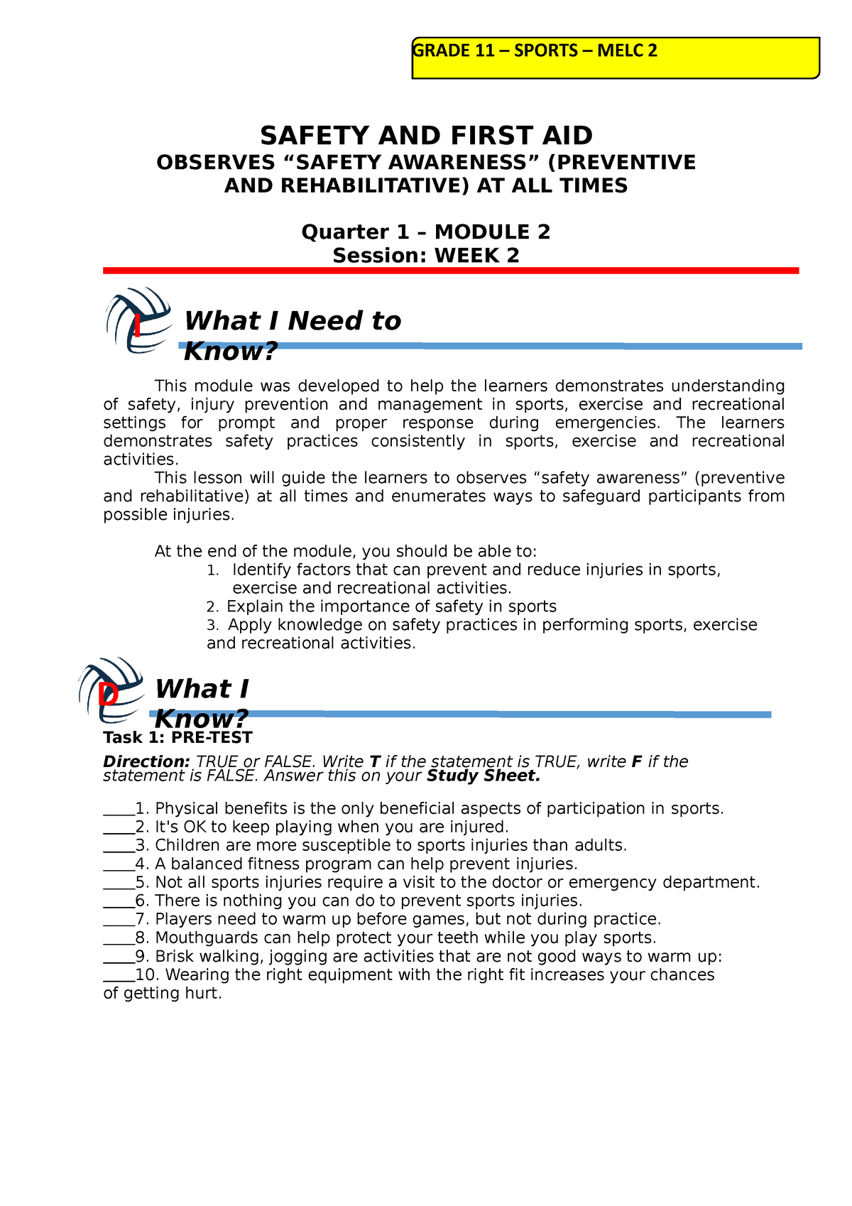 Module 2 WEEK 2 SFAPE - D What I Know? SAFETY AND FIRST AID OBSERVES ...