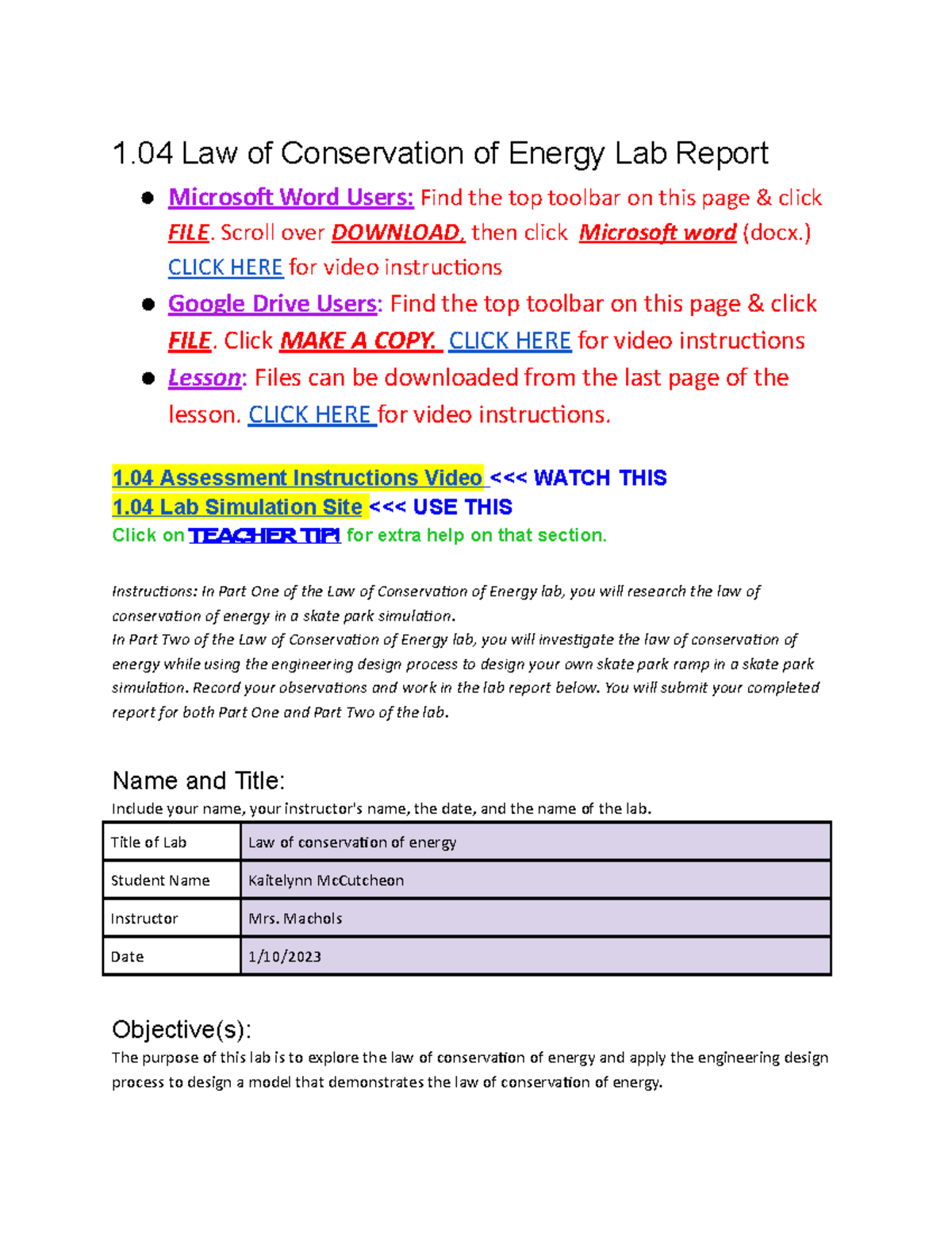 Copy Of 1 04 Law Of Conservation Of Energy Lab Report 1 Law Of Conservation Of Energy Lab