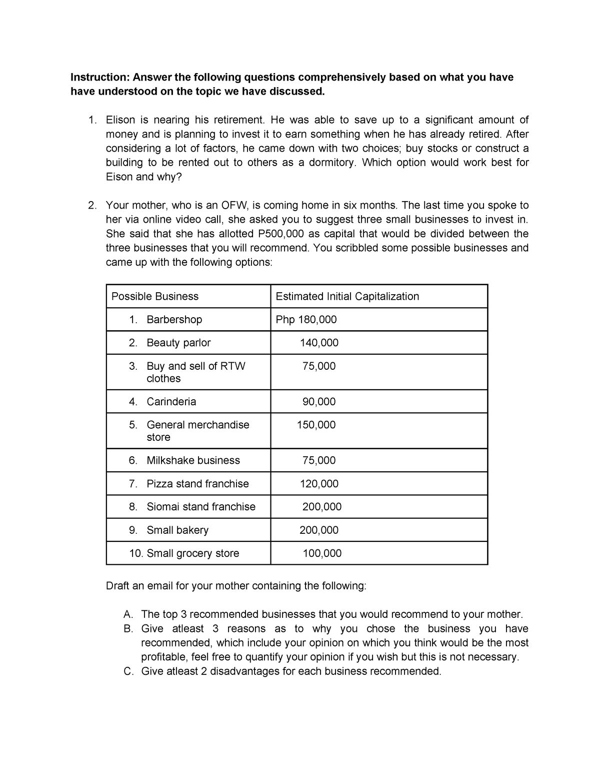 Business Finance Final Exam - Instruction: Answer The Following ...