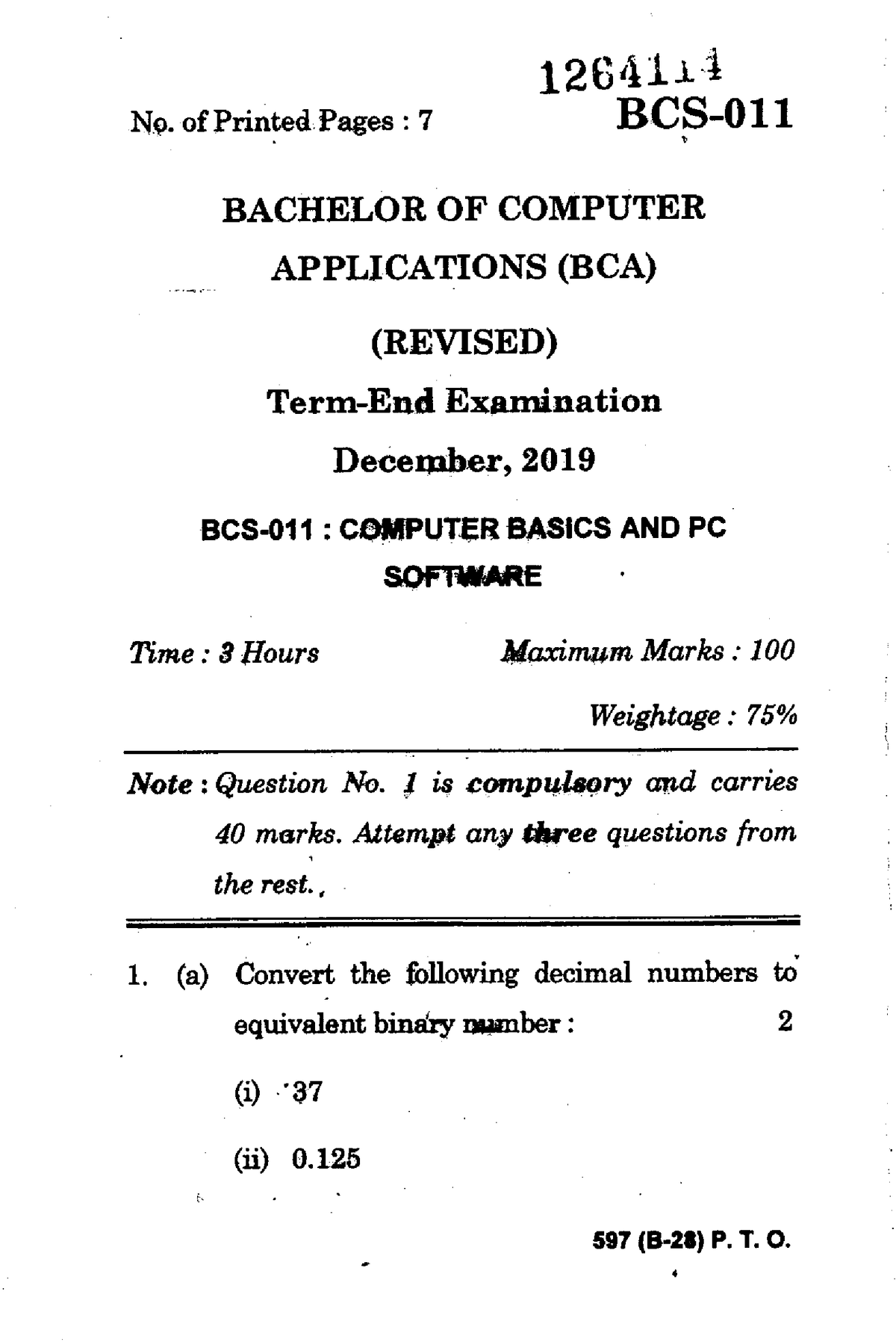 BCS-011 - 126411 4 Np. Of Printed. Pages : 7 BCS- BACHELOR OF COMPUTER ...