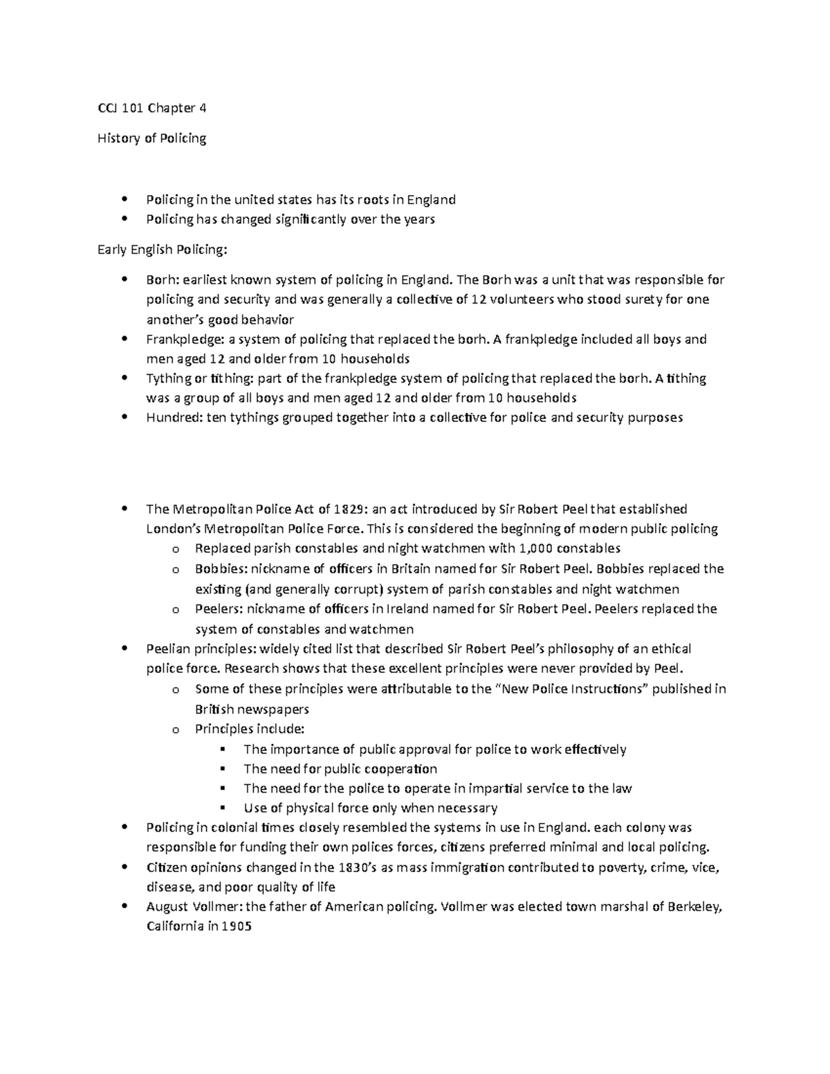 Ccj 101 Chapter 4 Notes Ccj 101 Chapter 4 History Of Policing