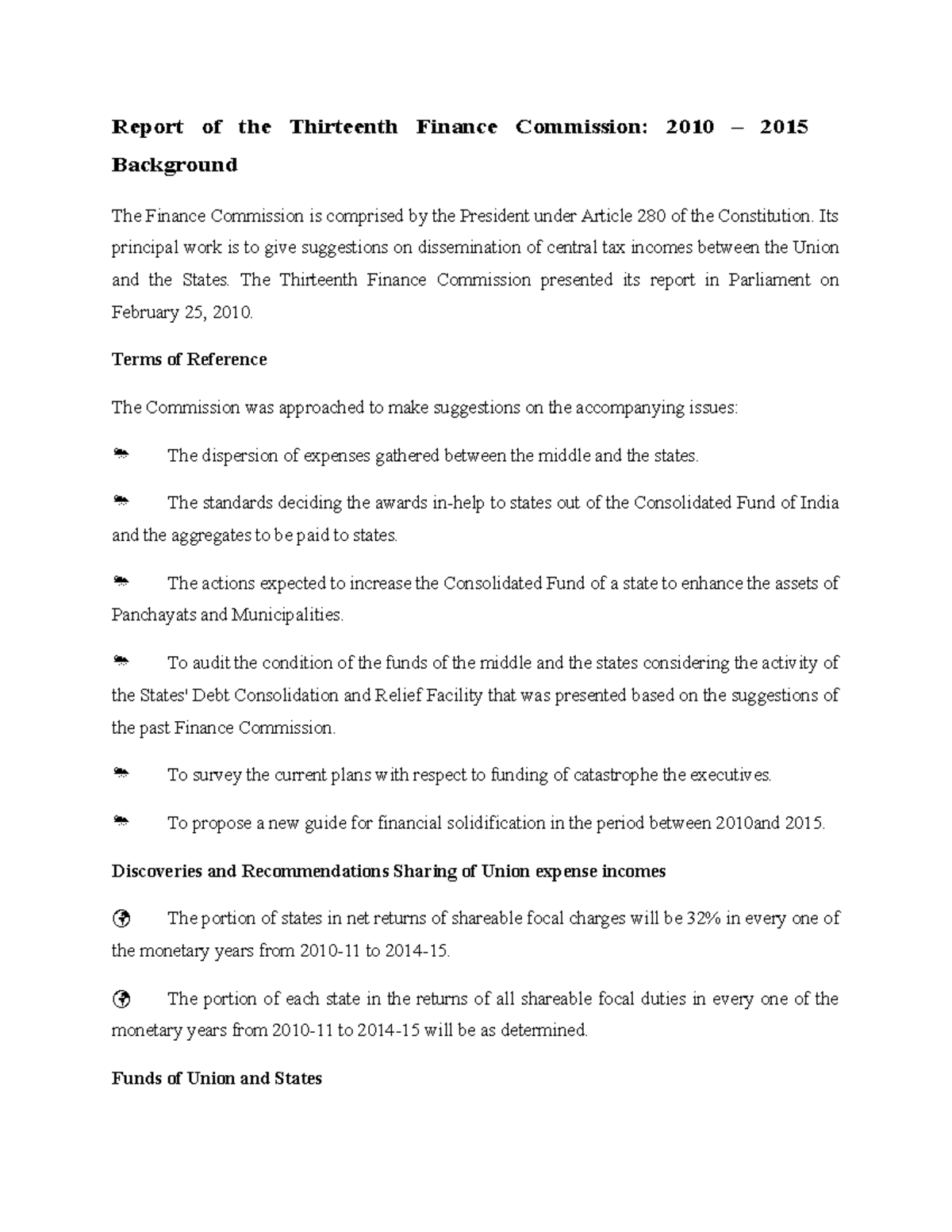 Report of the Thirteenth Finance Commission 2010 2015 Background