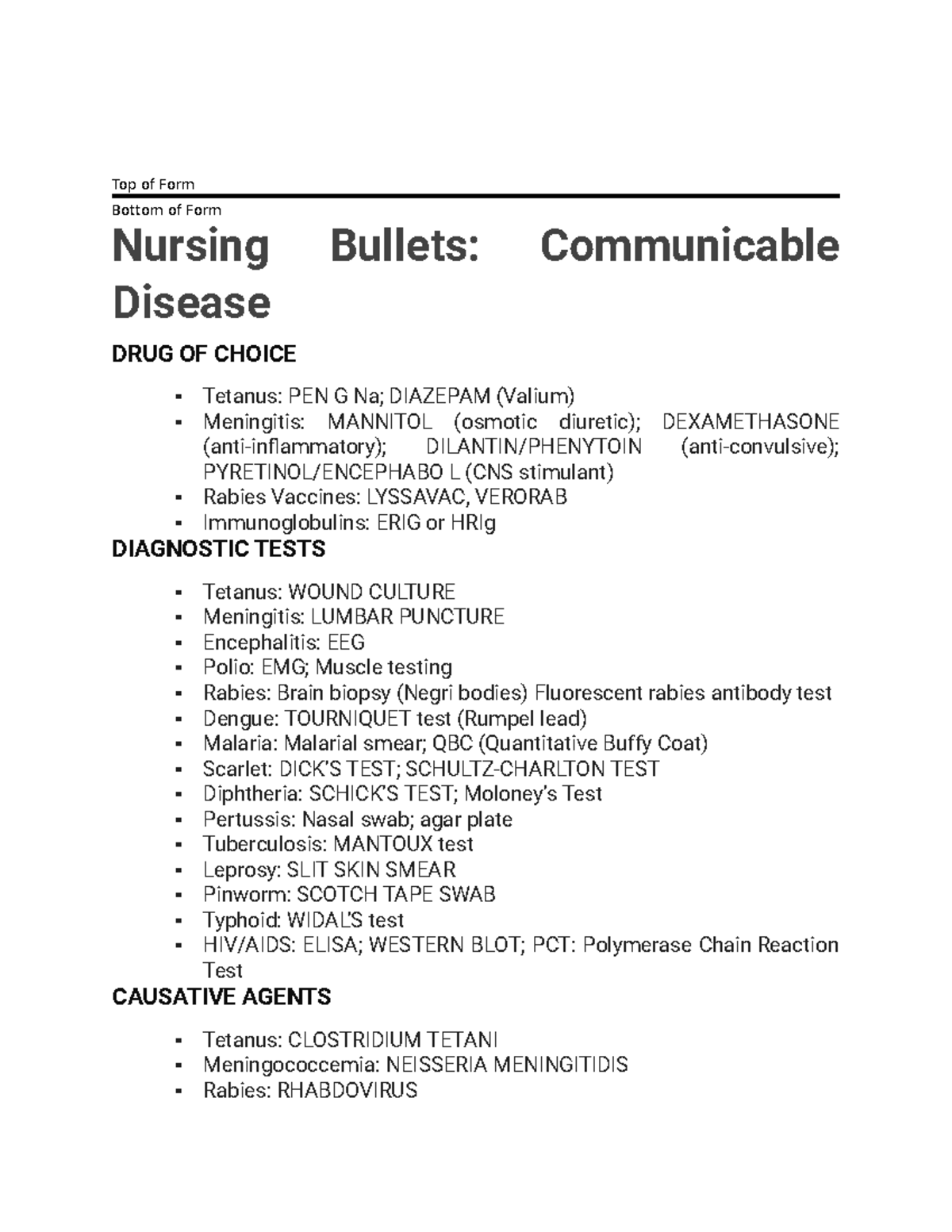 Copy of Communicable Disease Nursing Bullets - Top of Form Bottom of ...