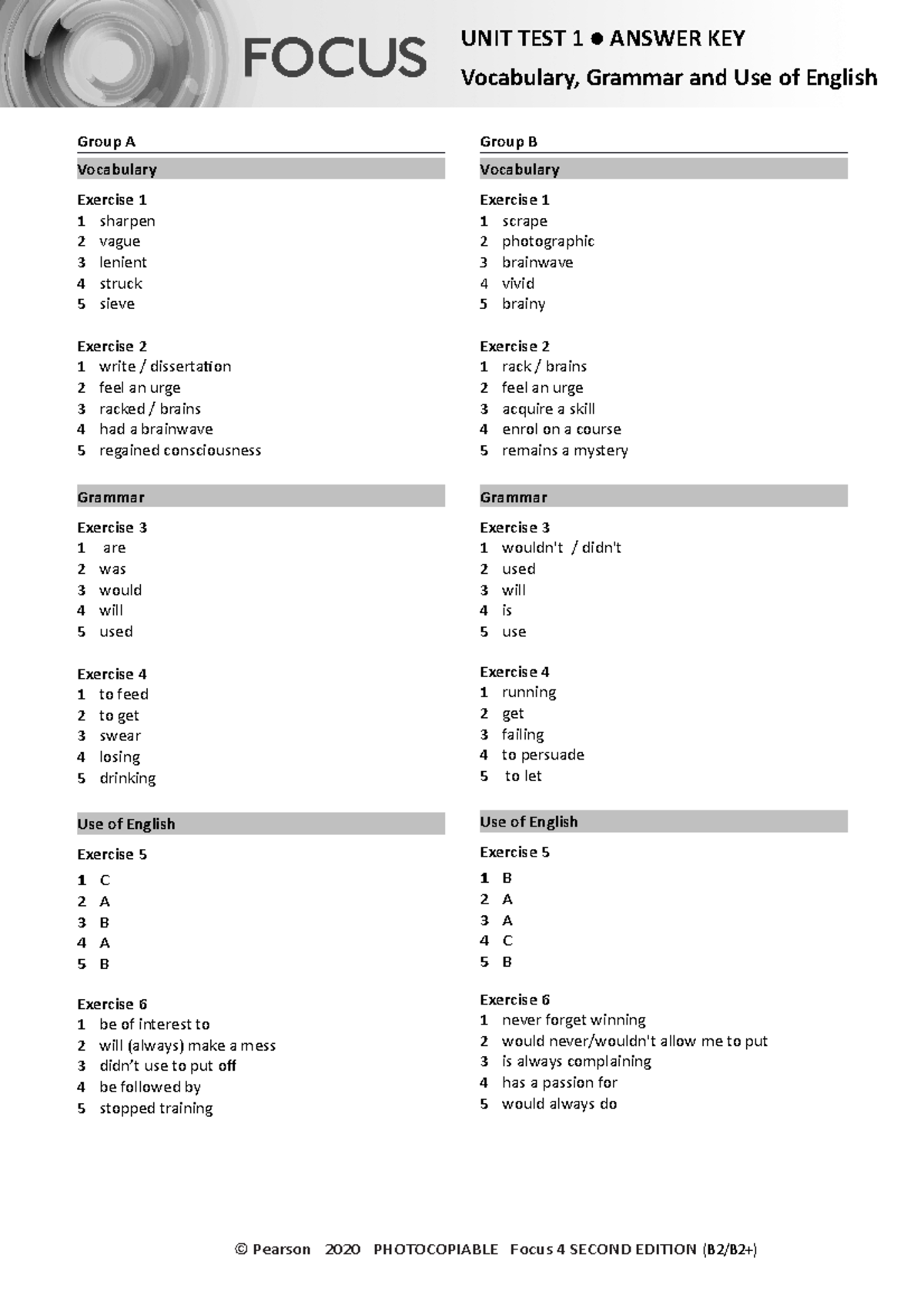 Focus 4 2E Unit Test Vocabulary Grammar Uo E Unit1 Group A B Answers ...