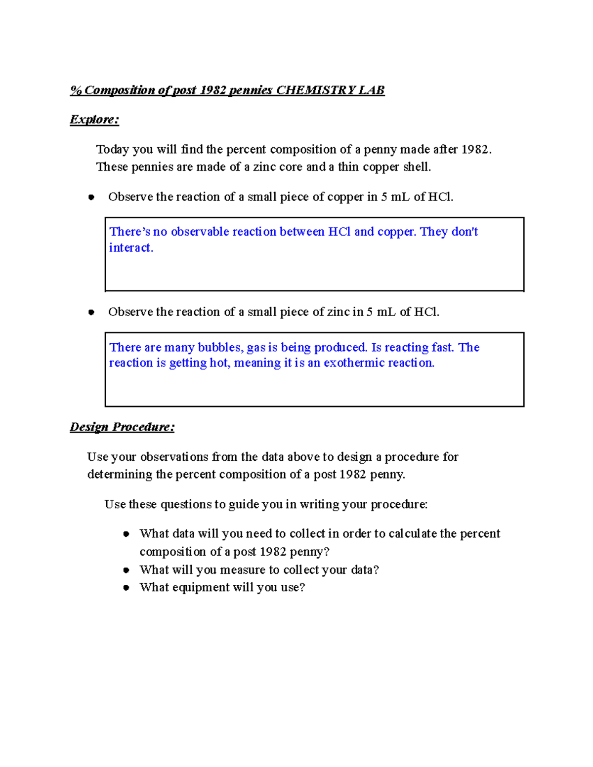 Inquiry Percent Composition of a Penny Lab Composition of post 1982