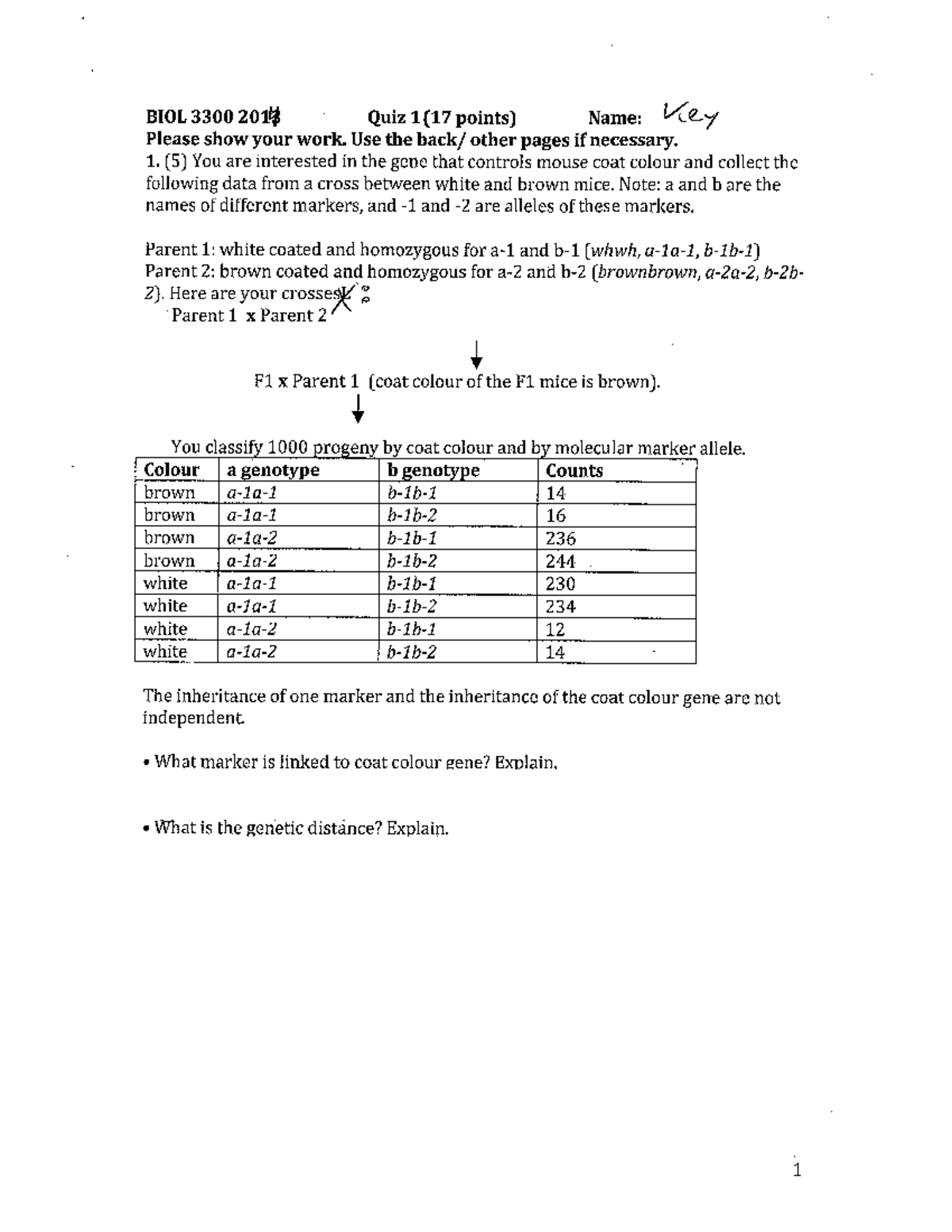 Quiz 1 8 October 2014, questions and answers - BIOL 3300 - Studocu