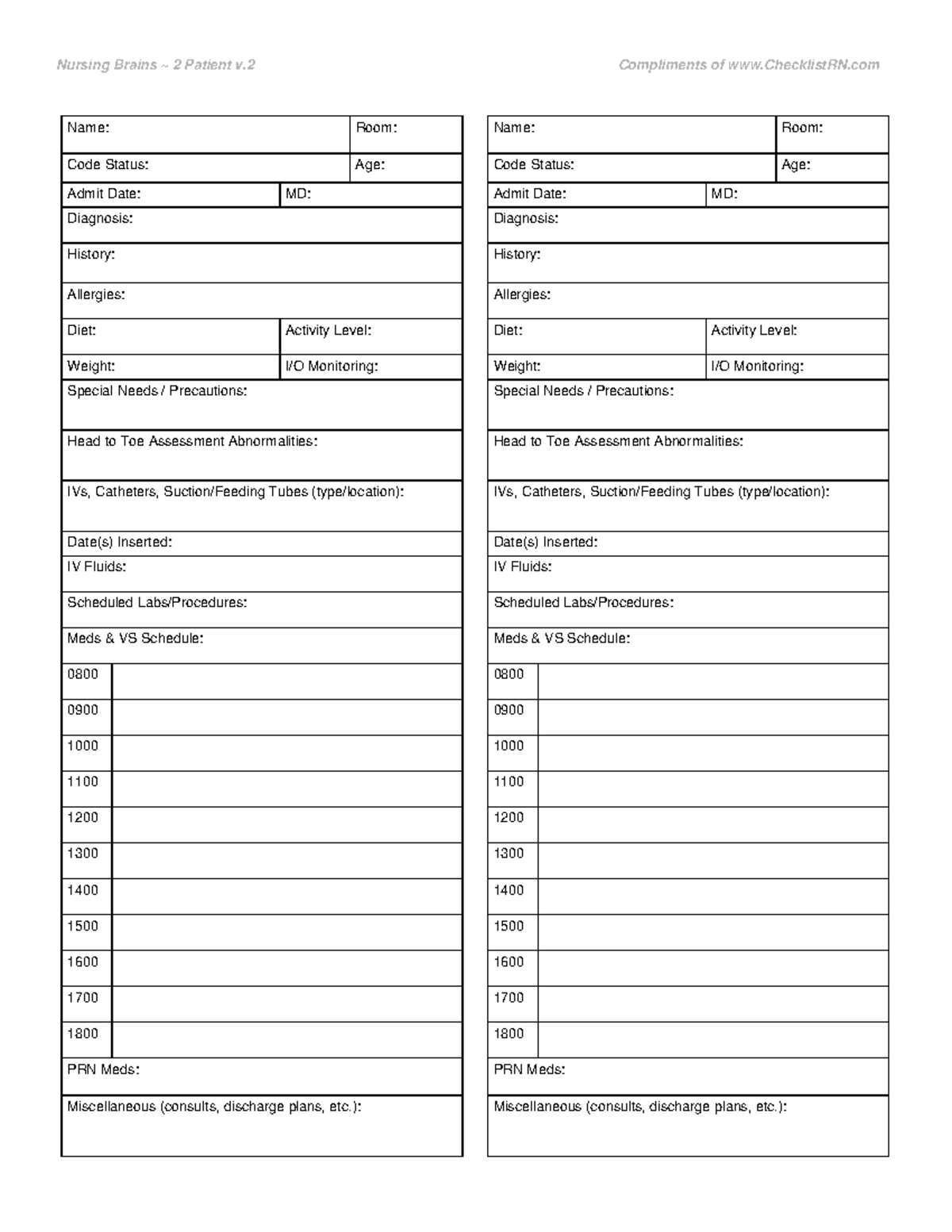 Sheet 3 - blank for clinical - Nursing Brains ~ 2 Patient v Compliments ...