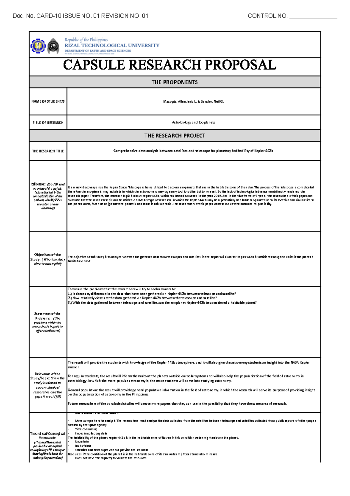 Macopia and Sancho Revised Research Capsule Proposal AST07 - Doc. No ...