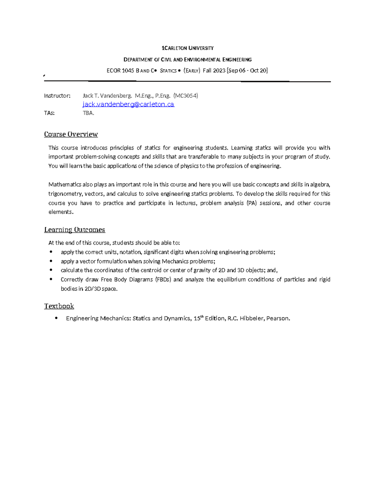 Fall 2023 Course Outline - 1 CARLETON UNIVERSITY DEPARTMENT OF CIVIL ...