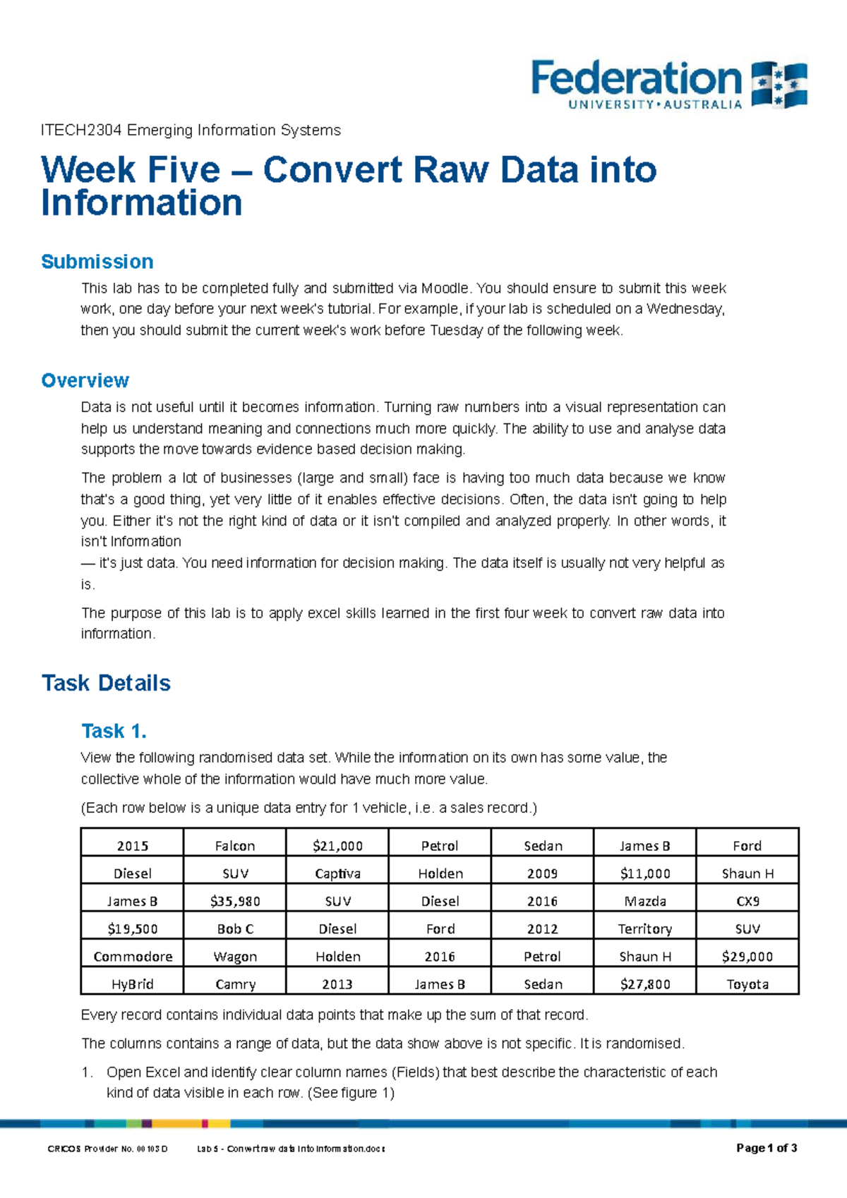Lab 5 - Convert raw data into information - CRICOS Provider No. 00103D ...