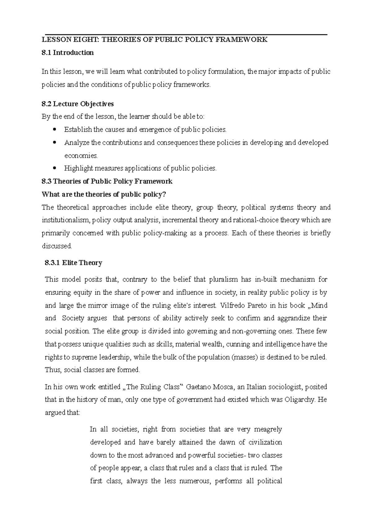 Lesson 8 - Tough - LESSON EIGHT: THEORIES OF PUBLIC POLICY FRAMEWORK 8 ...