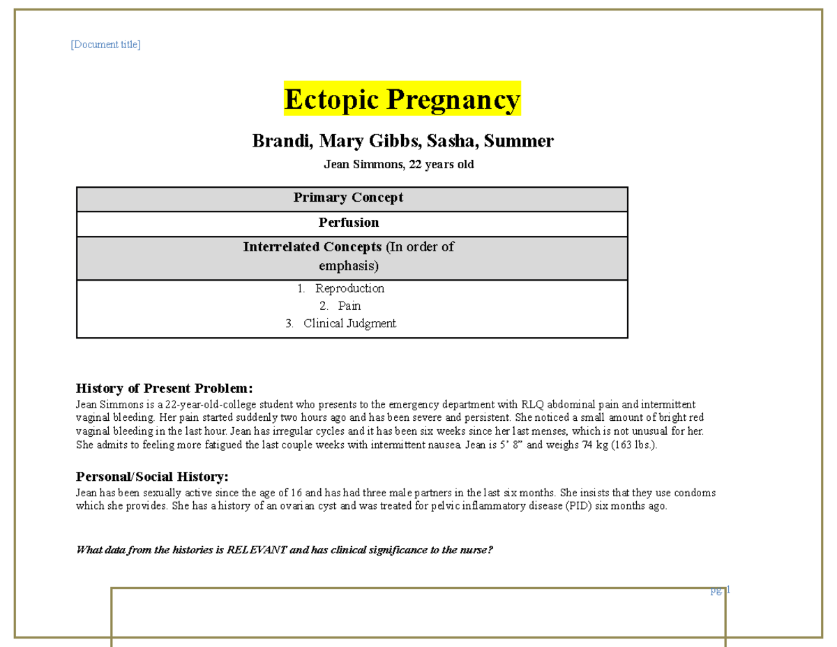 Ectopic Pregnancy Case Study Ectopic Pregnancy Brandi, Mary Gibbs