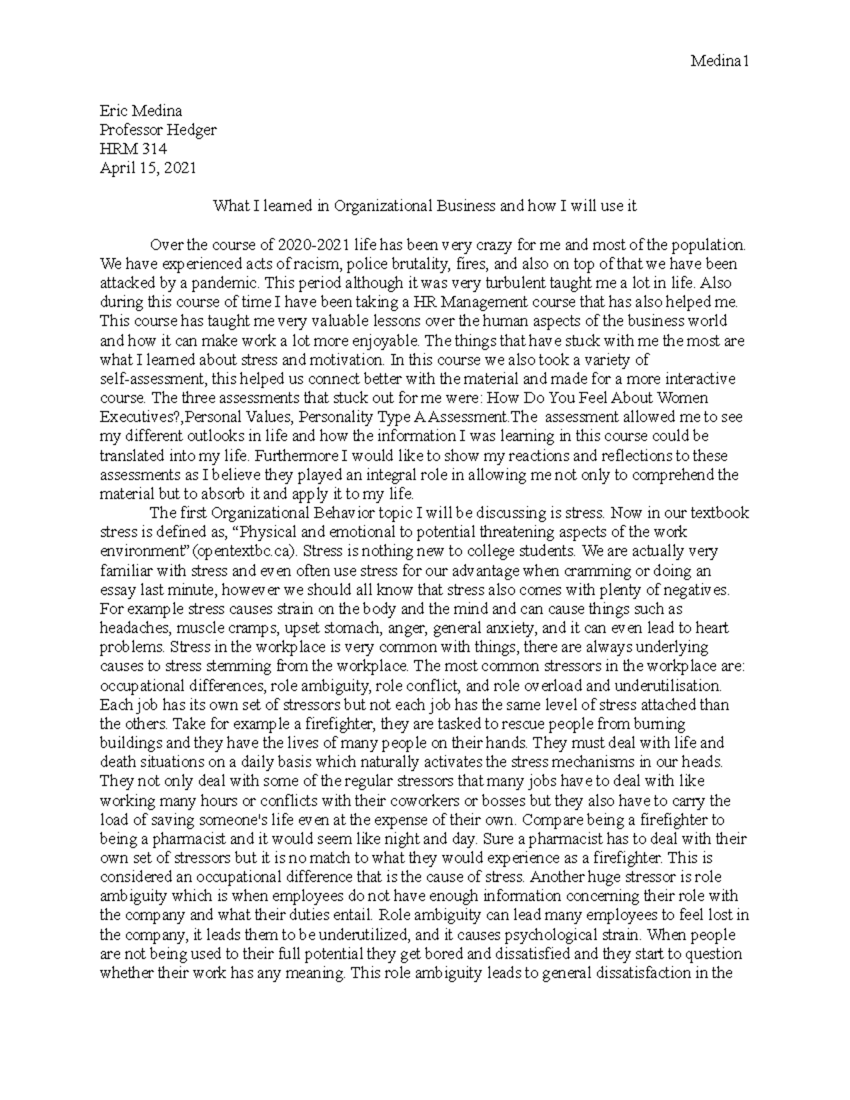 HRM Paper - Organizational Behavior Application Project - Eric Medina ...