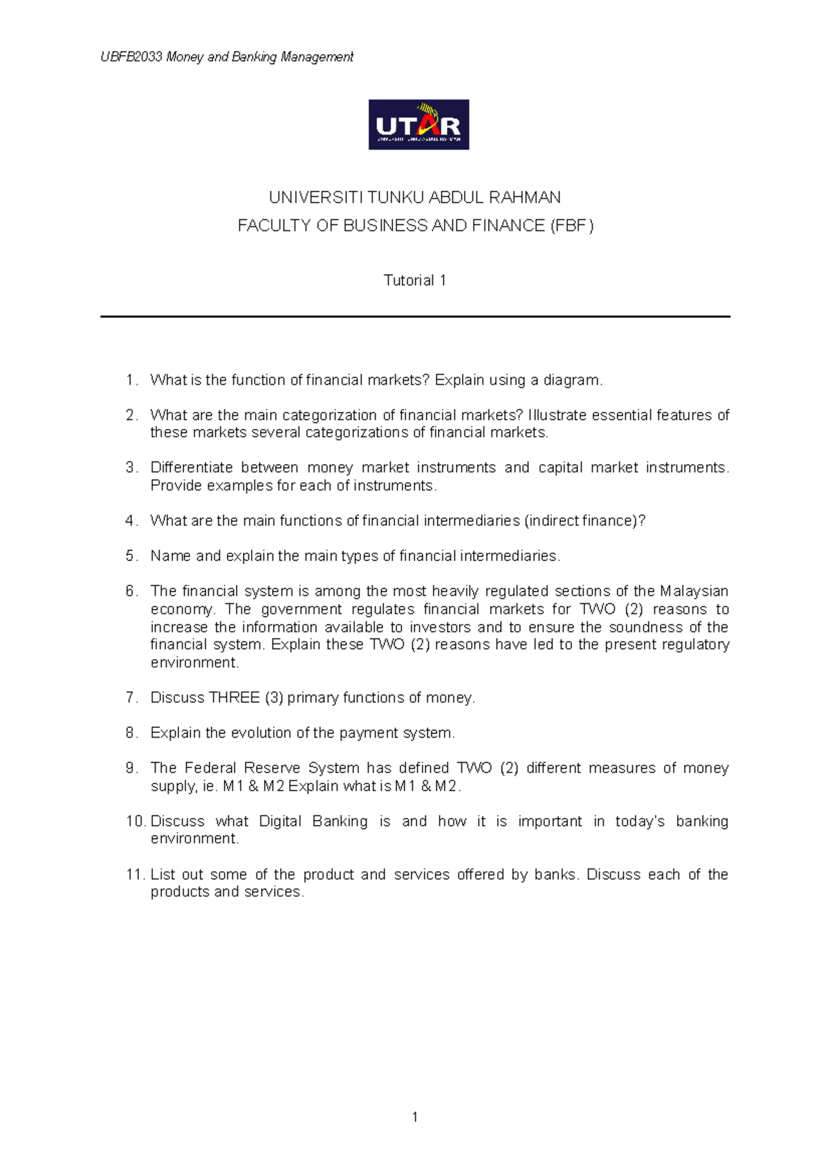 Tutorial 1 Question Ubfb2033 Money And Banking Management Universiti Tunku Abdul Rahman Tutorial 1 Question Ubfb2033 Money And Banking Management Universiti Tunku Abdul Rahman