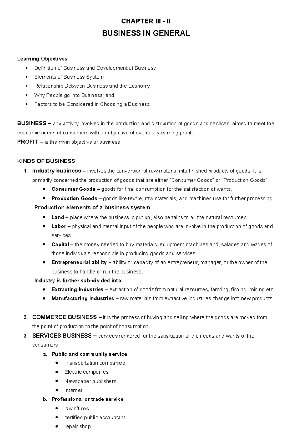 Chapter III PART 2 - CHAPTER III - II BUSINESS IN GENERAL Learning ...