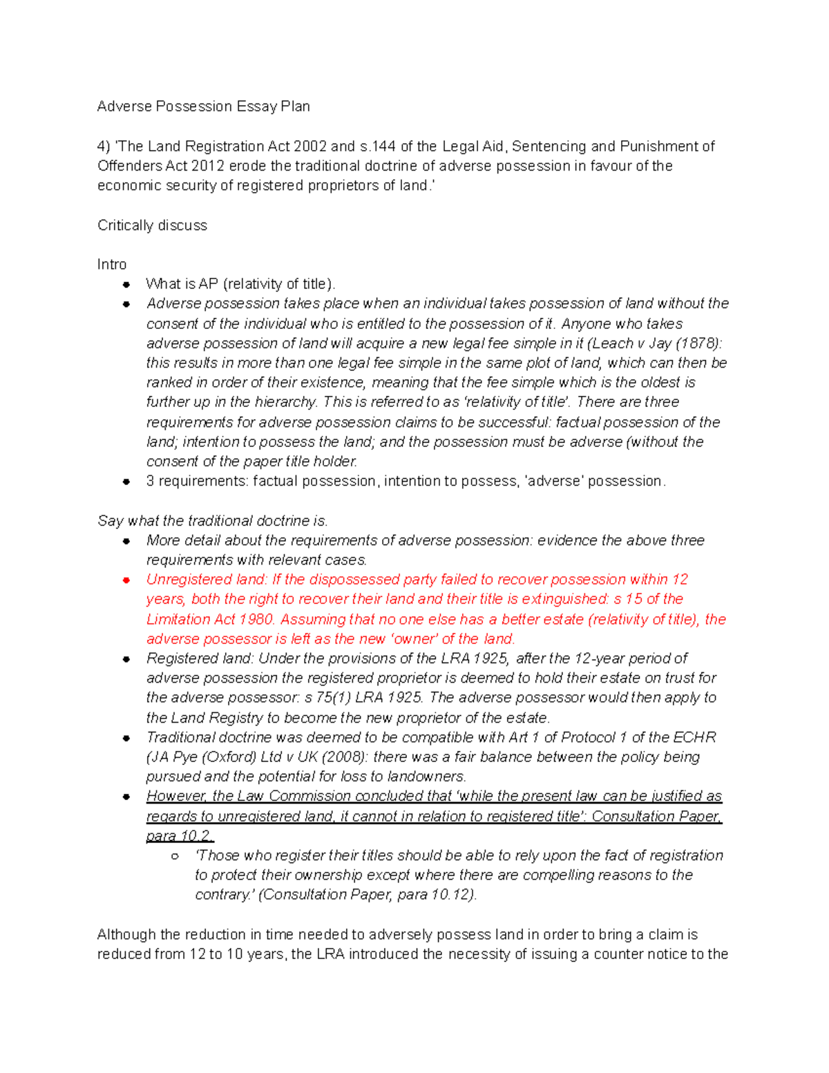 adverse possession land law essay