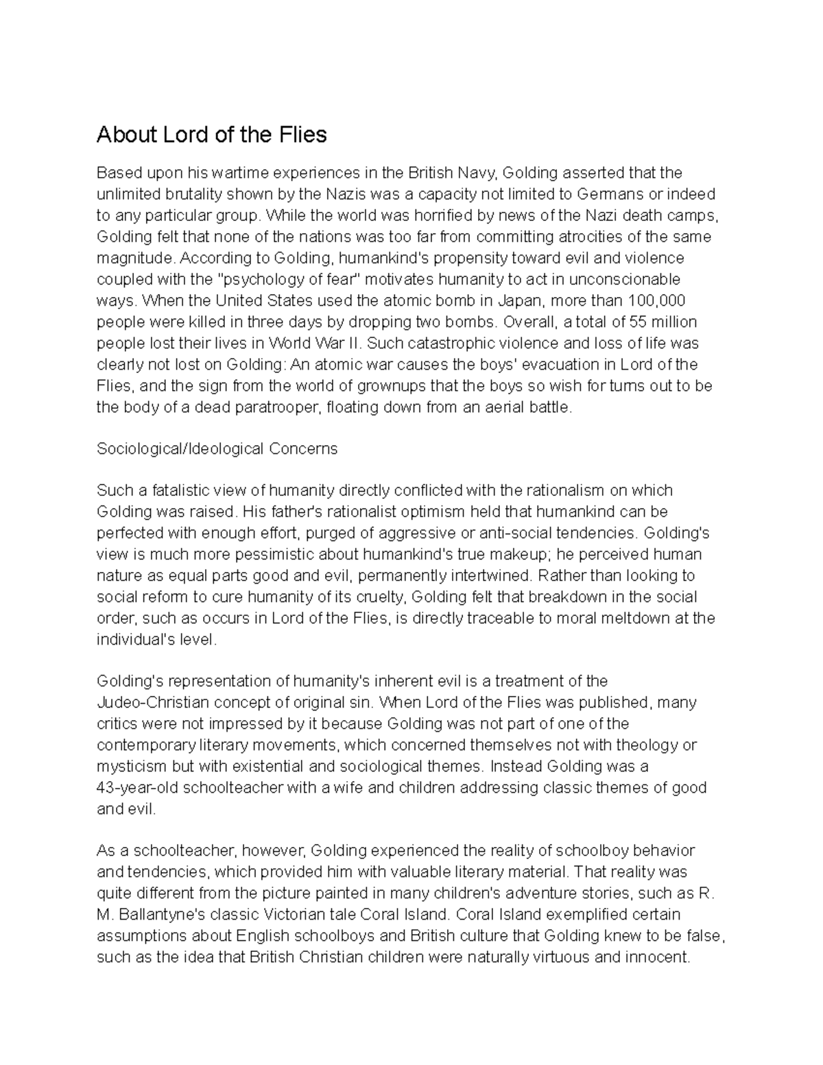 Lord of the flies - About Lord of the Flies Based upon his wartime ...