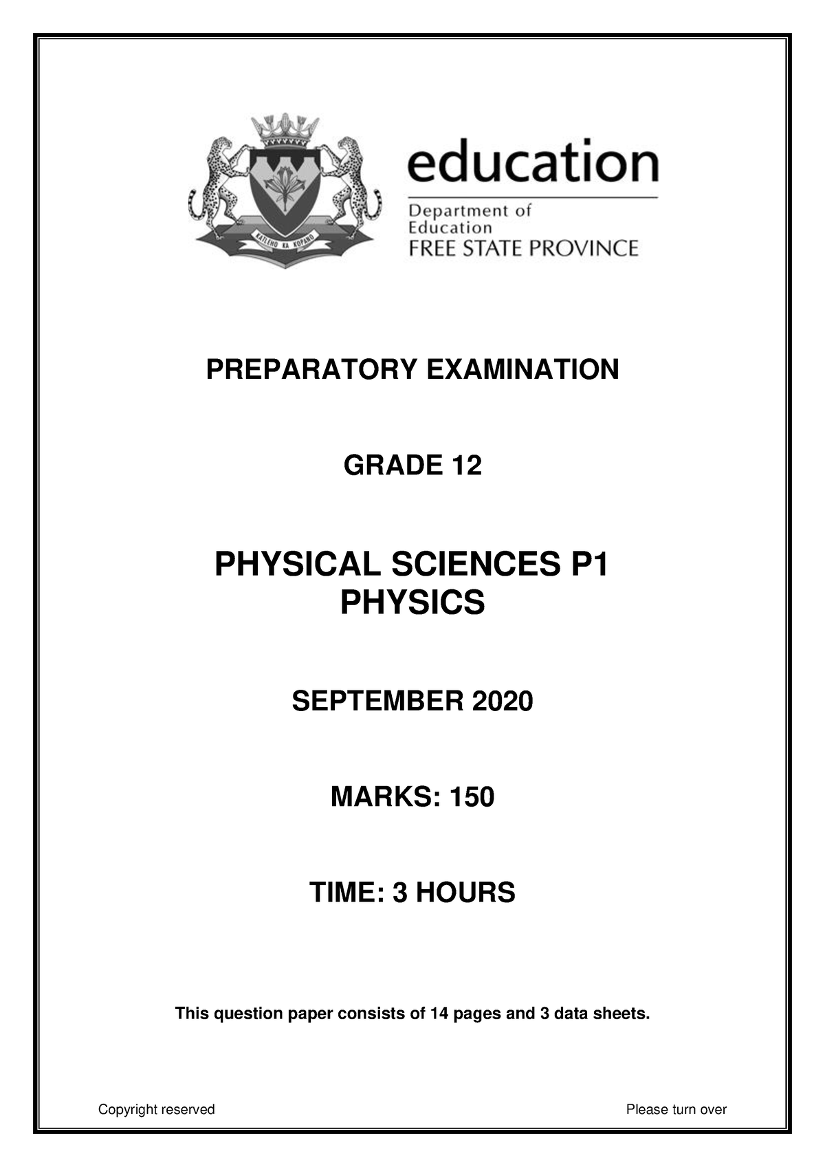 2020 Free State Physics - PREPARATORY EXAMINATION GRADE 12 PHYSICAL ...