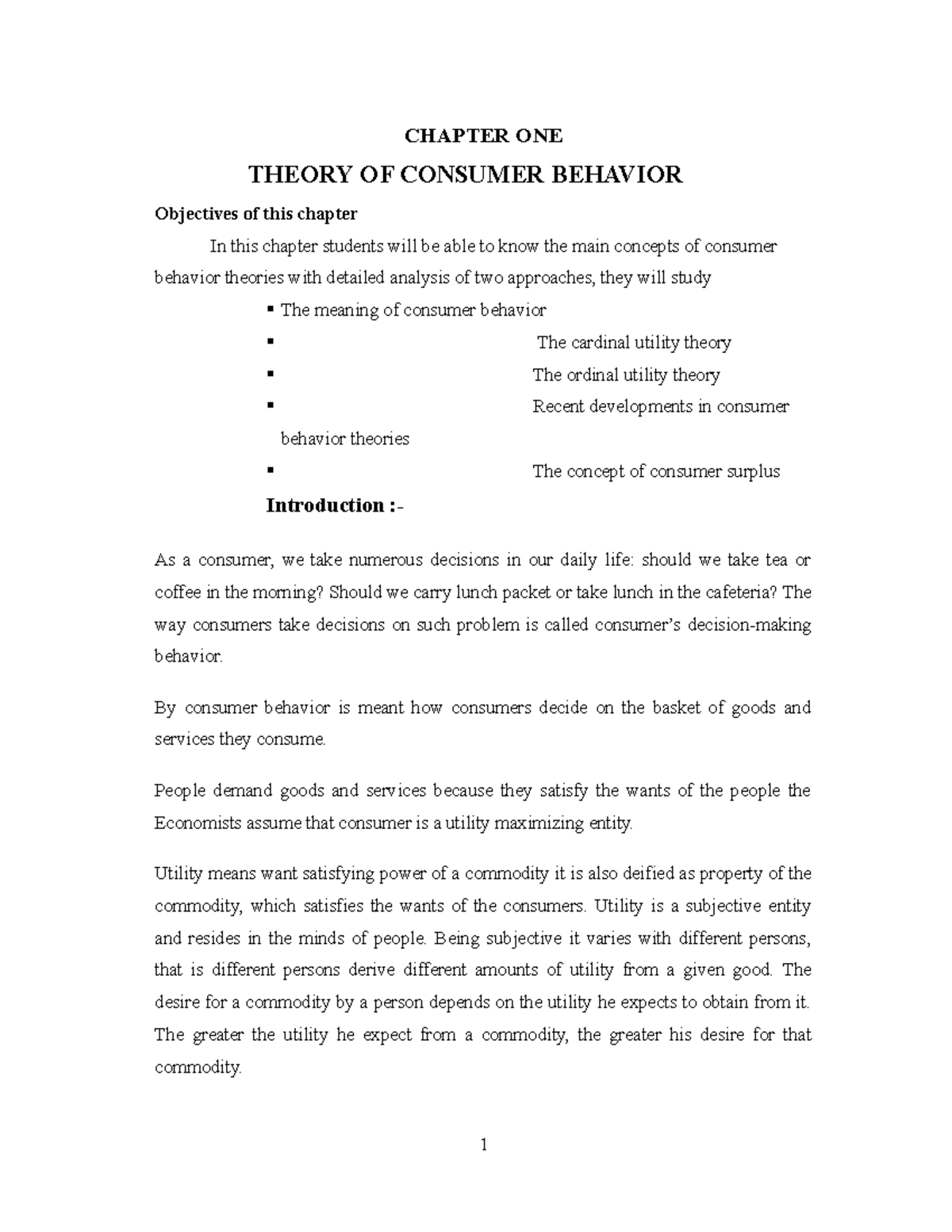 Micro I final @ student - CHAPTER ONE THEORY OF CONSUMER BEHAVIOR ...
