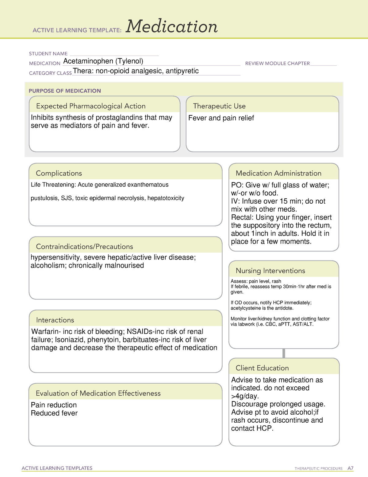 Acetaminophen - ATI MED TEMPLATE - ACTIVE LEARNING TEMPLATES ...