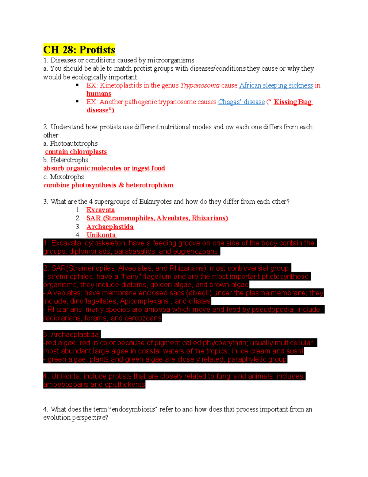 Exam 3 Review - CH 28: Protists Diseases Or Conditions Caused By ...