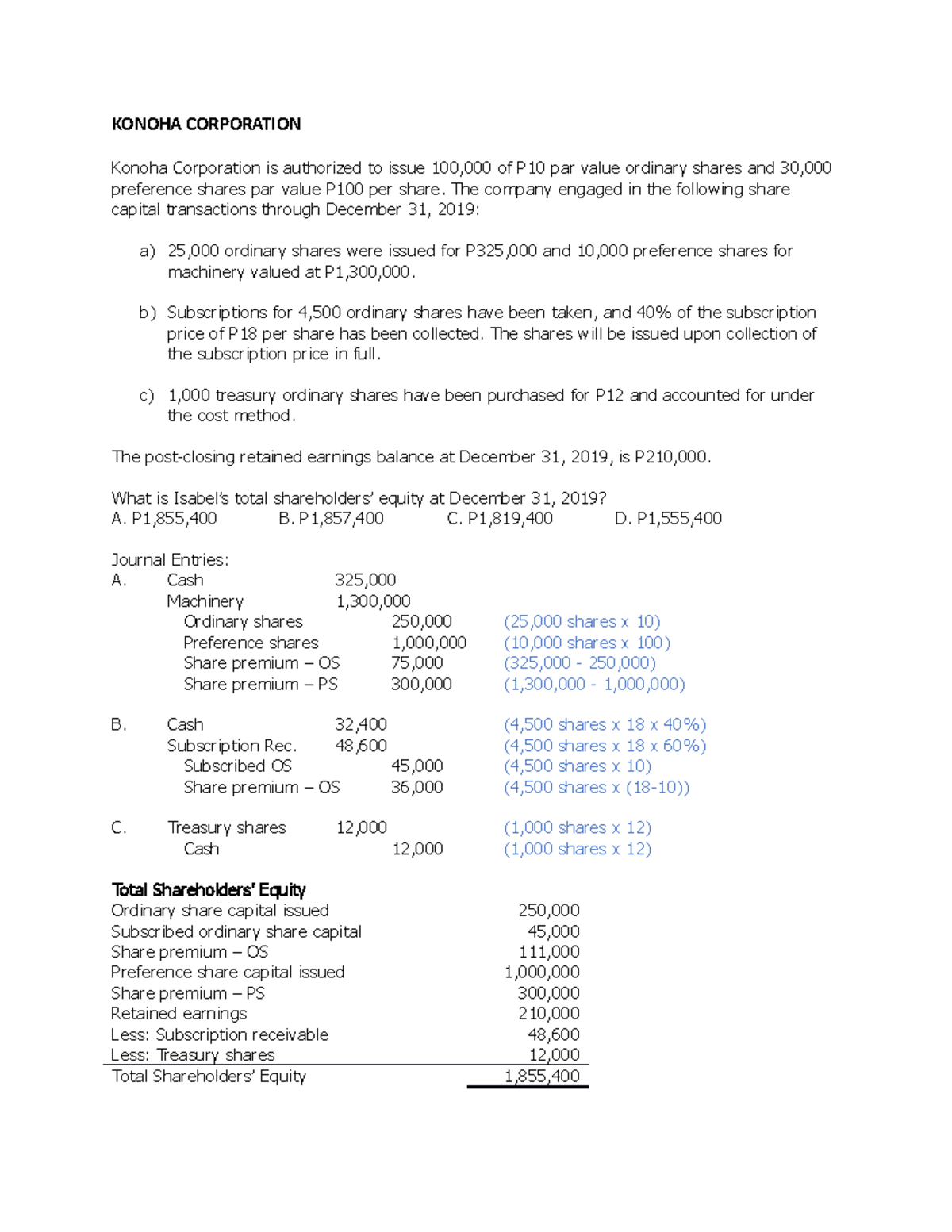 Shareholders equity (Problem with solution) - KONOHA CORPORATION Konoha ...