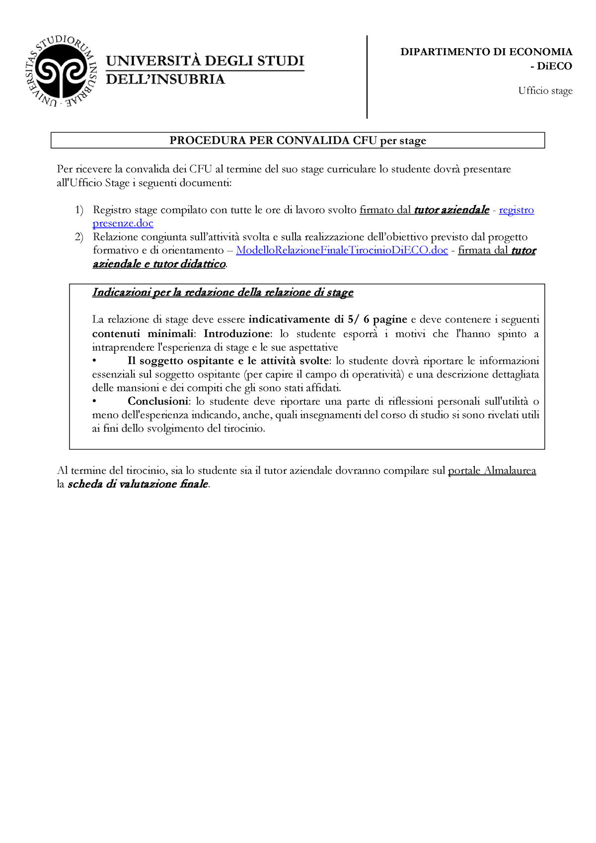 Procedura PRE Convalida CFU - DIPARTIMENTO DI ECONOMIA - DiECO