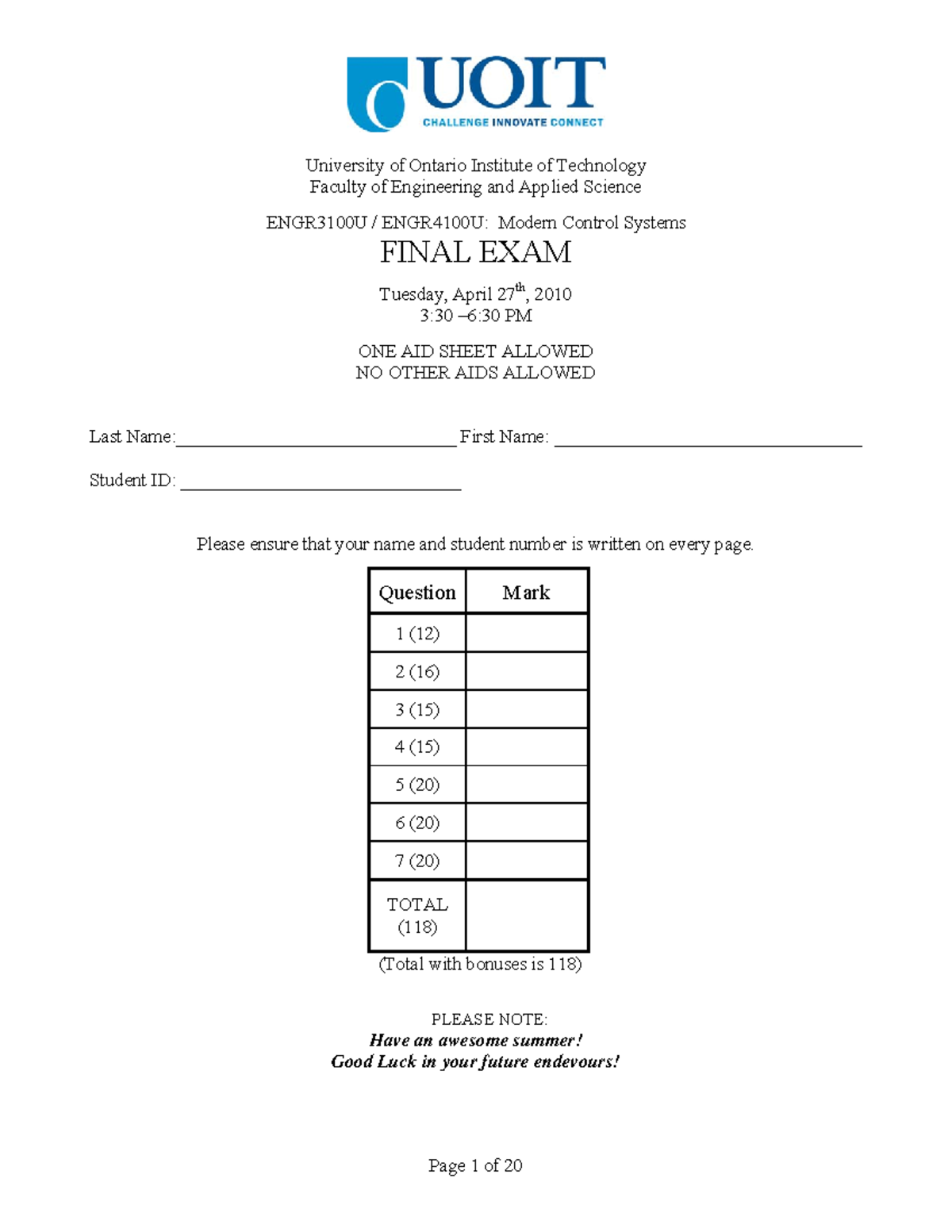 2010-04-27 - ENGR3100 - Final Exam - Faculty of Engineering and Applied ...