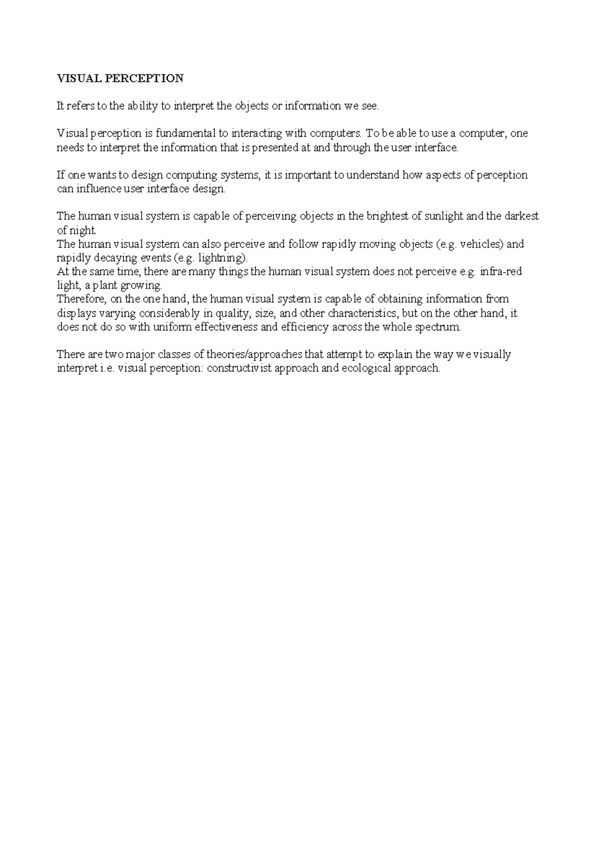 4 Visual Perception - NOTES - VISUAL PERCEPTION It refers to the ...