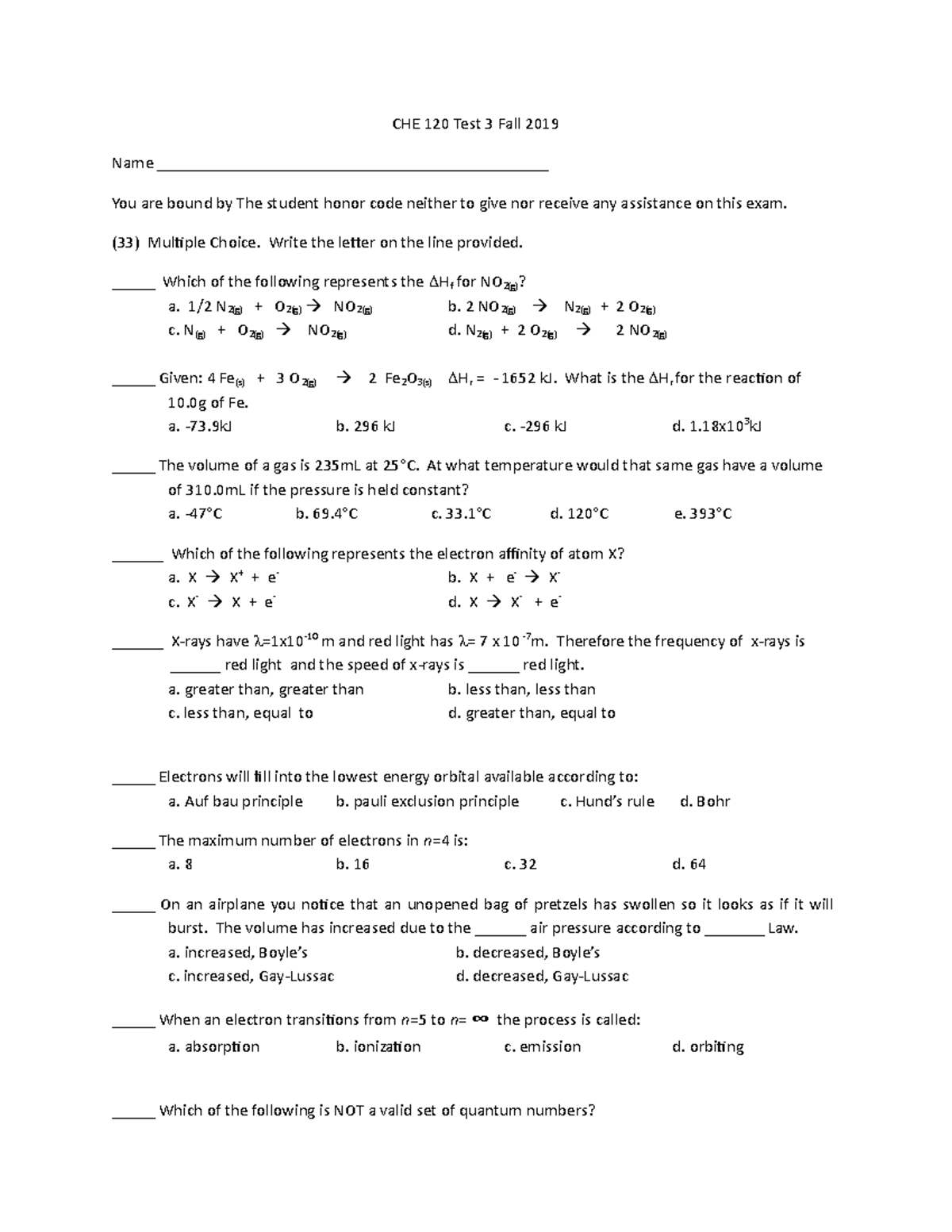 CHE+120+Test+3+Fall+2019 b - CHE 120 Test 3 Fall 2019 Name - Studocu