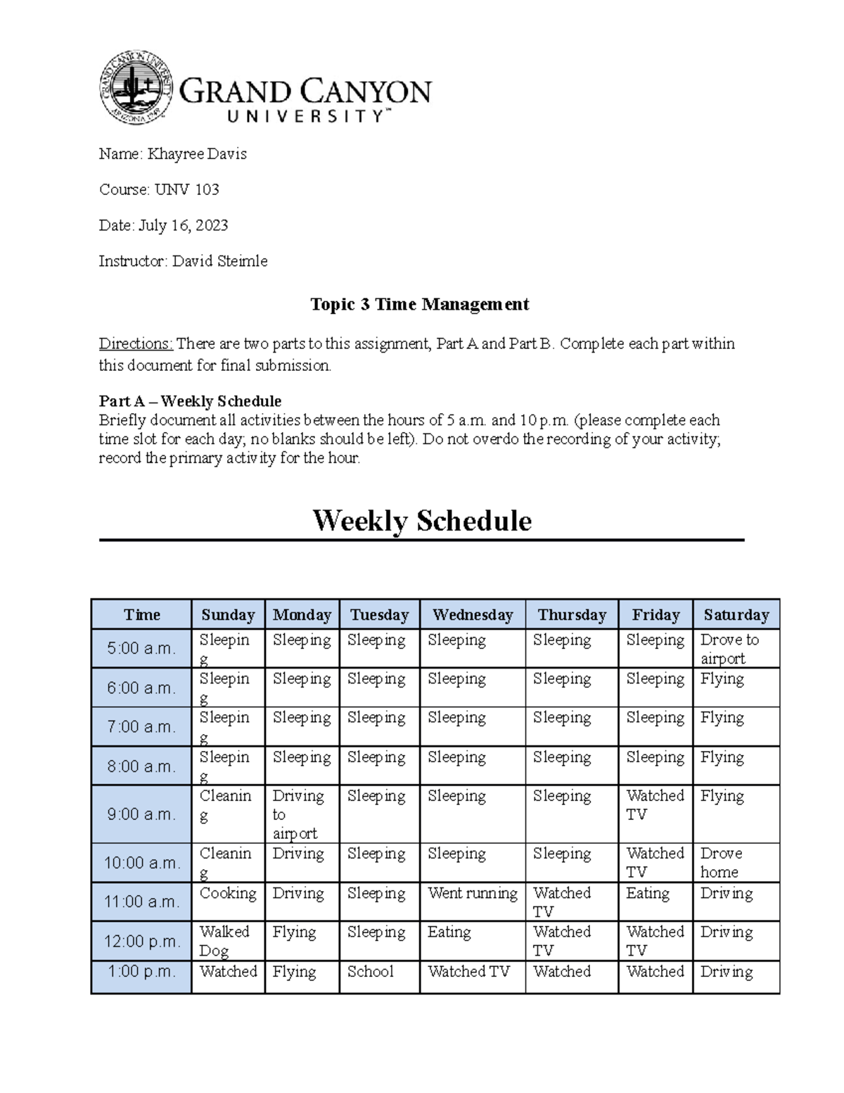 Unv 103 Rs T3 Time Management Name Khayree Davis Course Unv 103