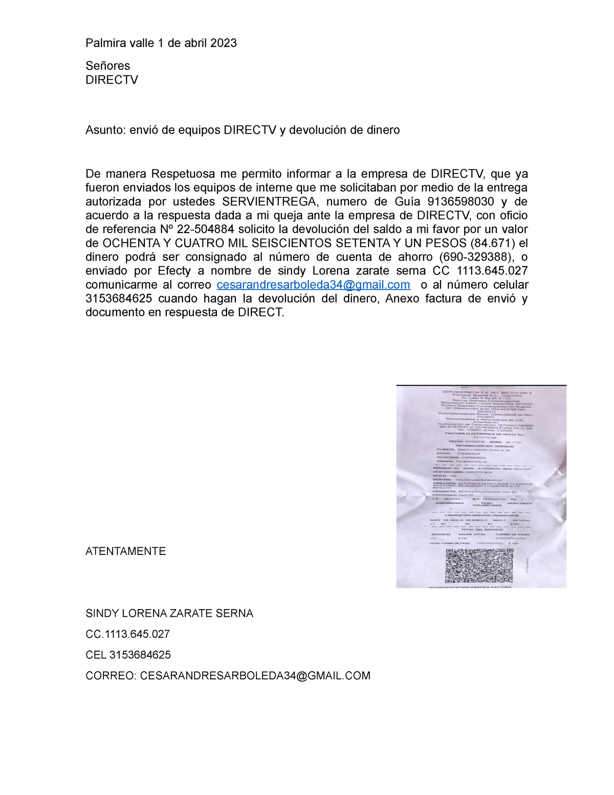 Solicitud Directv - B Bhbgyg - Palmira Valle 1 De Abril 2023 Señores ...