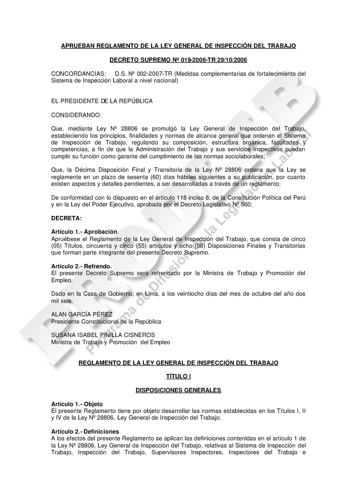 D.S N° 019-2006-TR Reglamento De Ley General De Inspeccion Del Trabajo ...