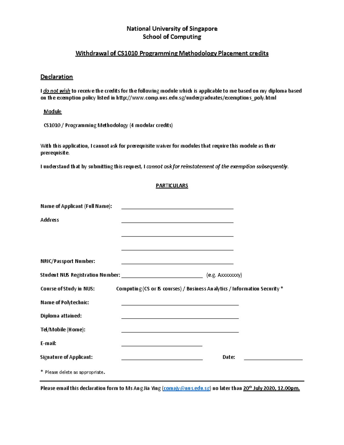 Form Withdrawal Declaration CS1010 - National University of Singapore ...