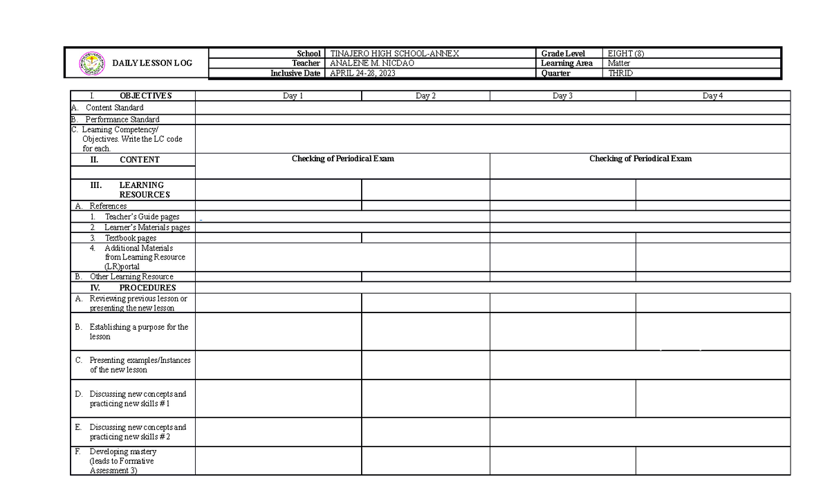 daily lesson log - DAILY LESSON LOG School TINAJERO HIGH SCHOOL-ANNEX ...