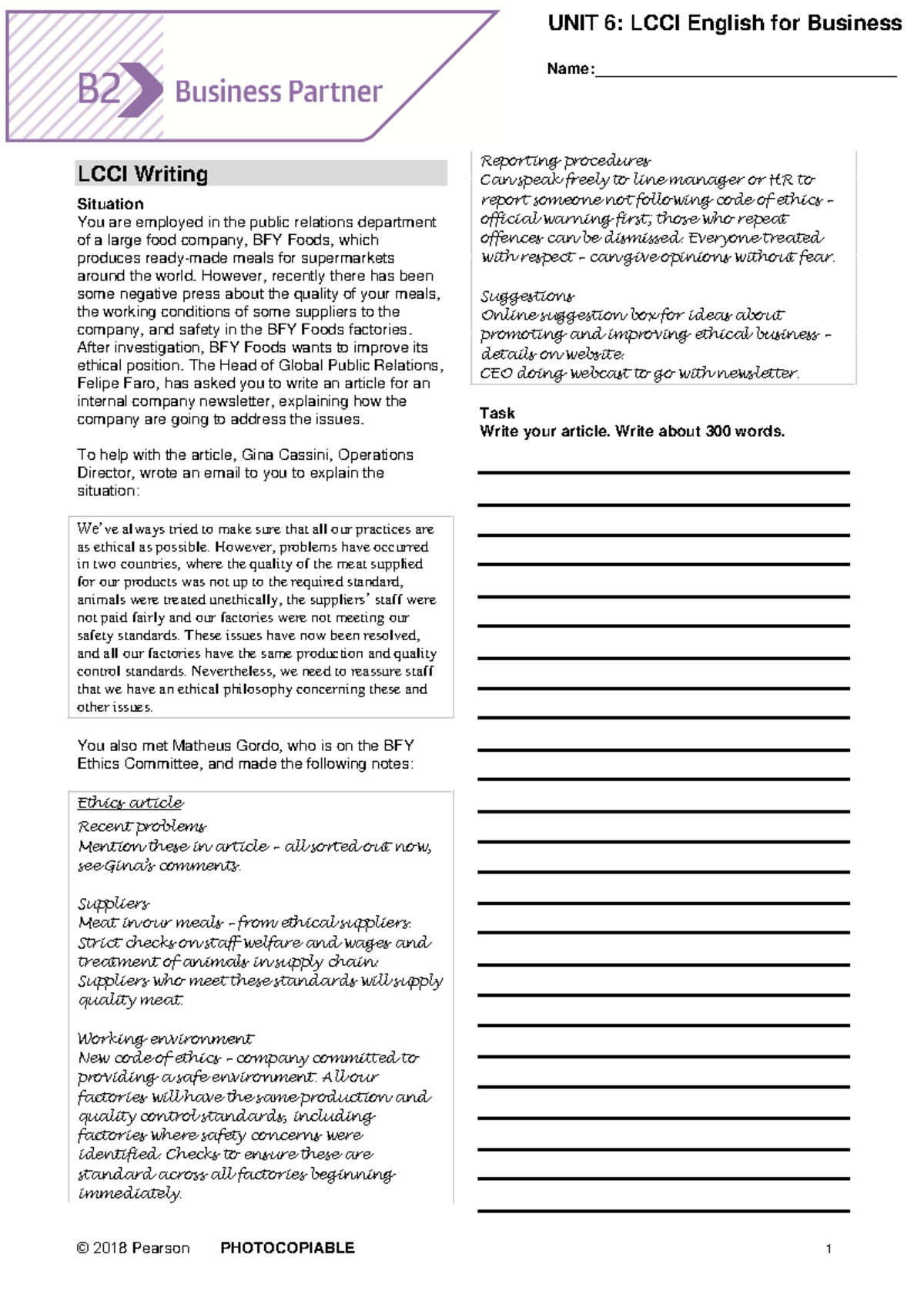BP B2 Tests Unit6 LCCI - © 2018 Pearson PHOTOCOPIABLE 1 UNIT 6: LCCI ...