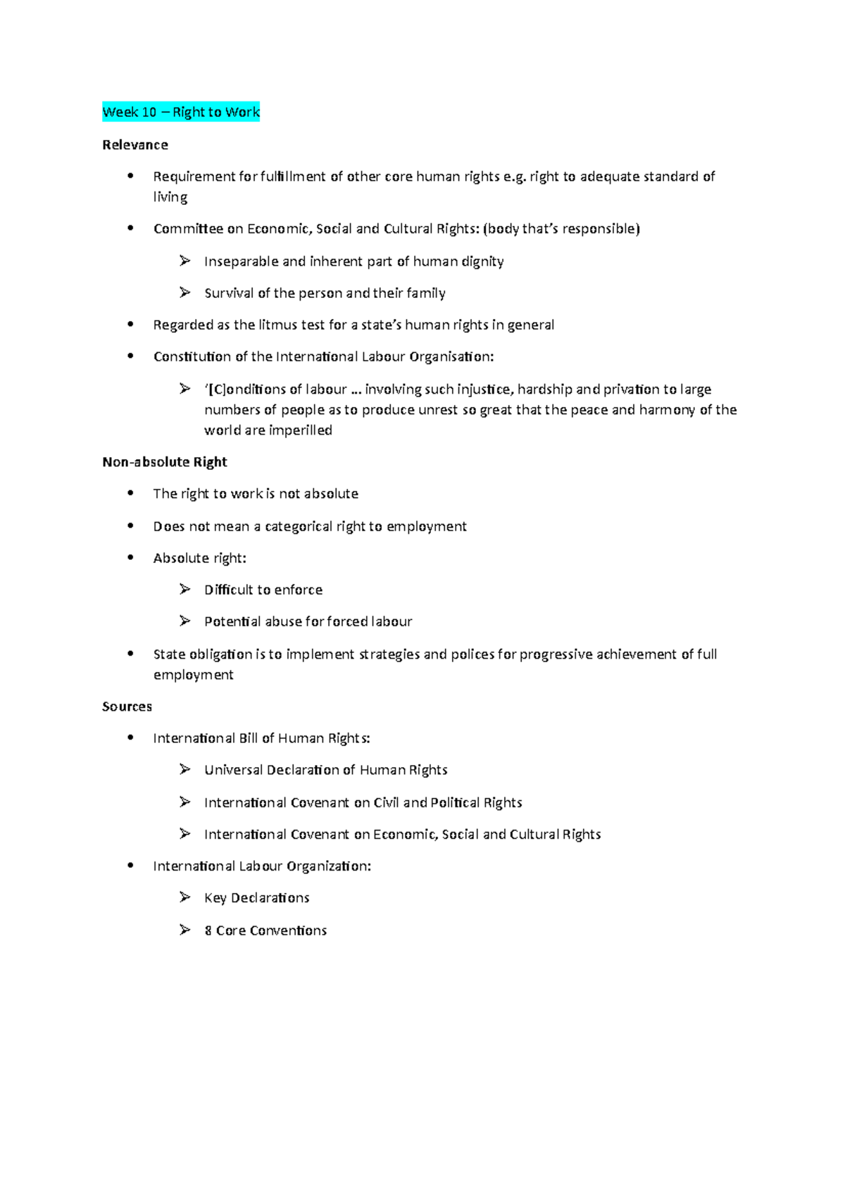 Week 10 - Right to Work - Lecture notes 10 - Week 10 – Right to Work ...