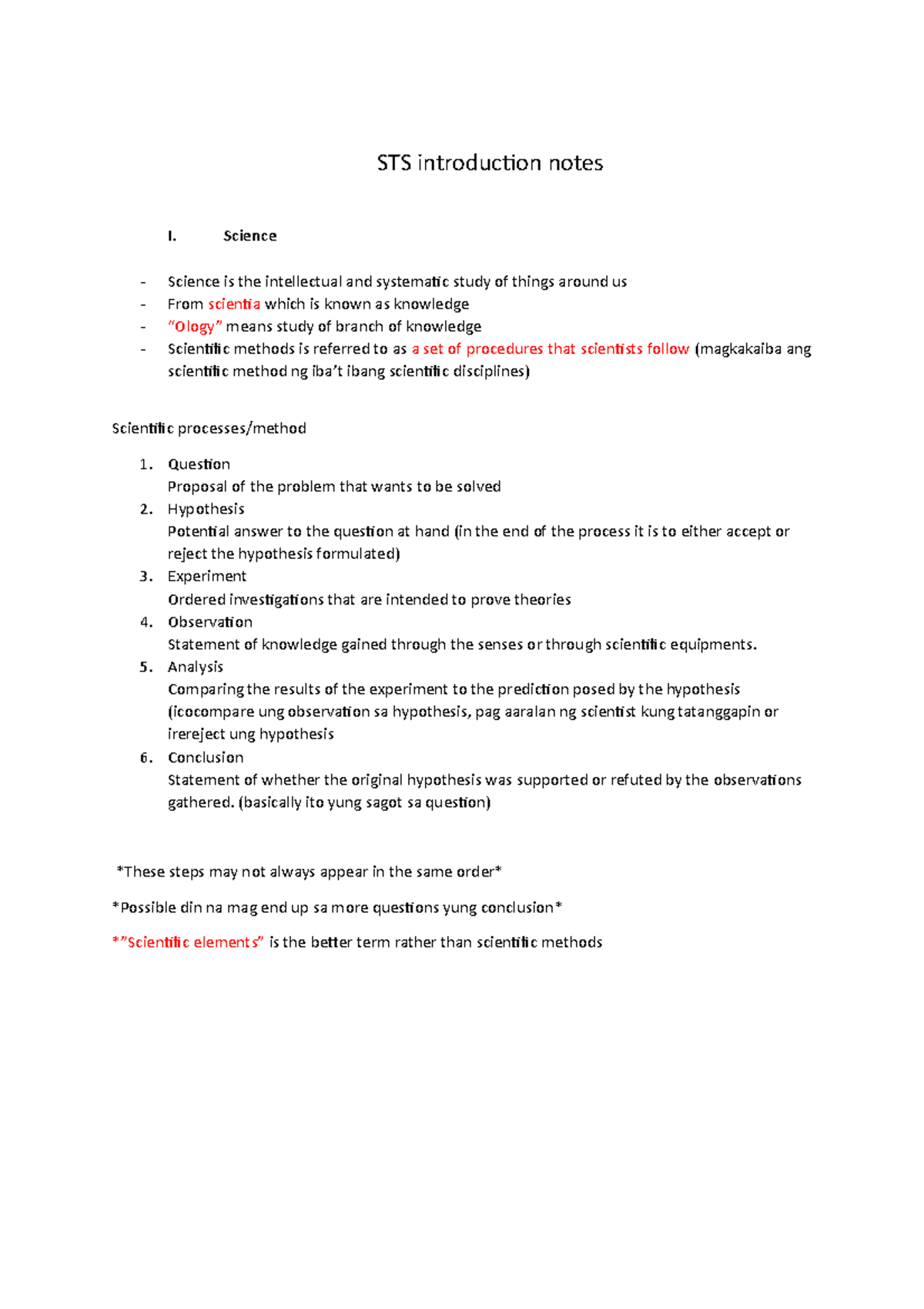 Notes STS - Ggnnvb - STS Introduction Notes I. Science Science Is The ...