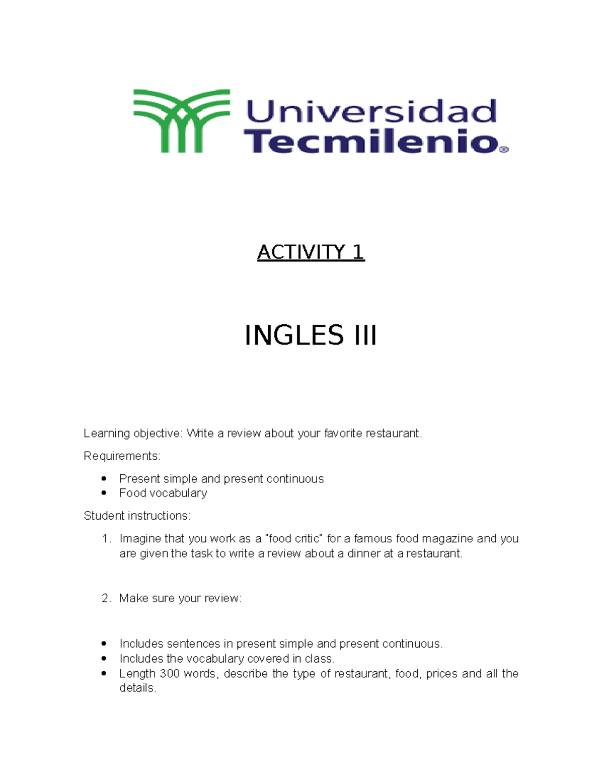 Ingles Nivel III Activity number 1 2022 - Inlges nivel lll - TecMilenio ...