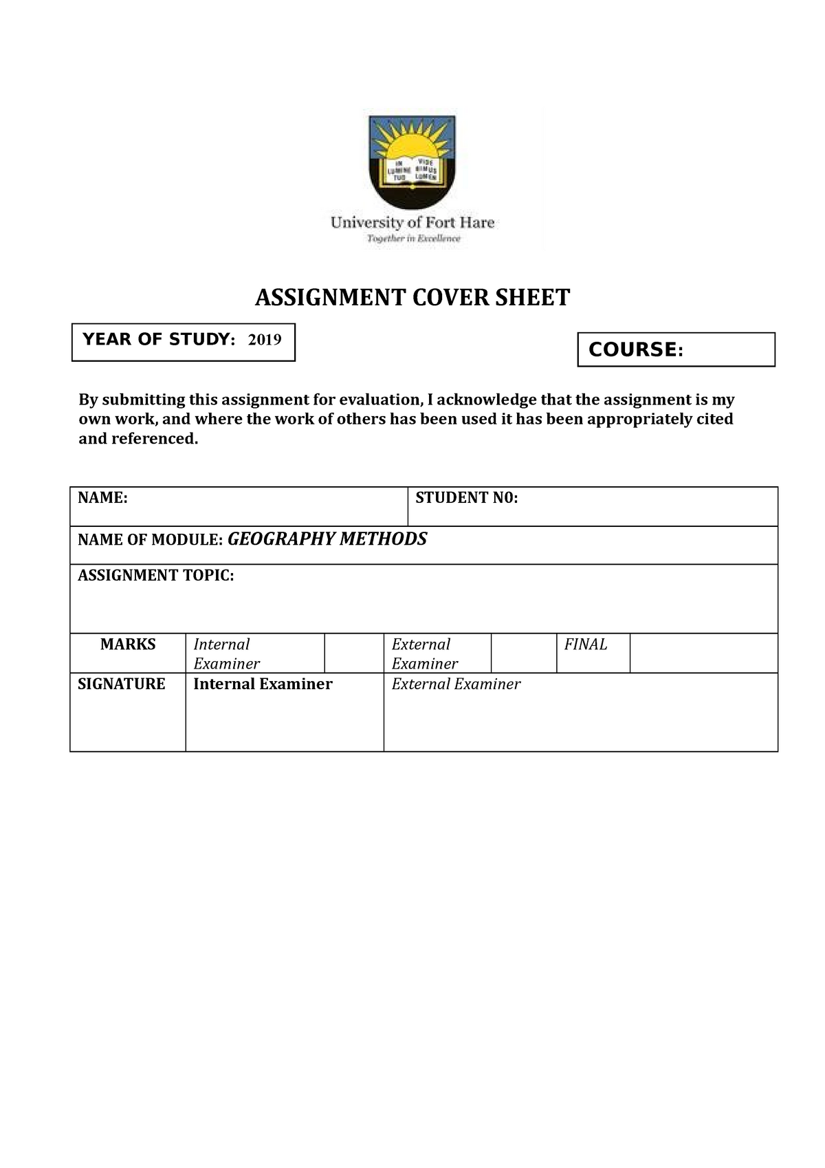 university assignment cover sheet