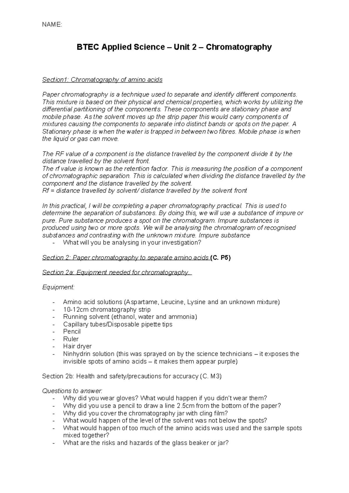 chromatography assignment btec