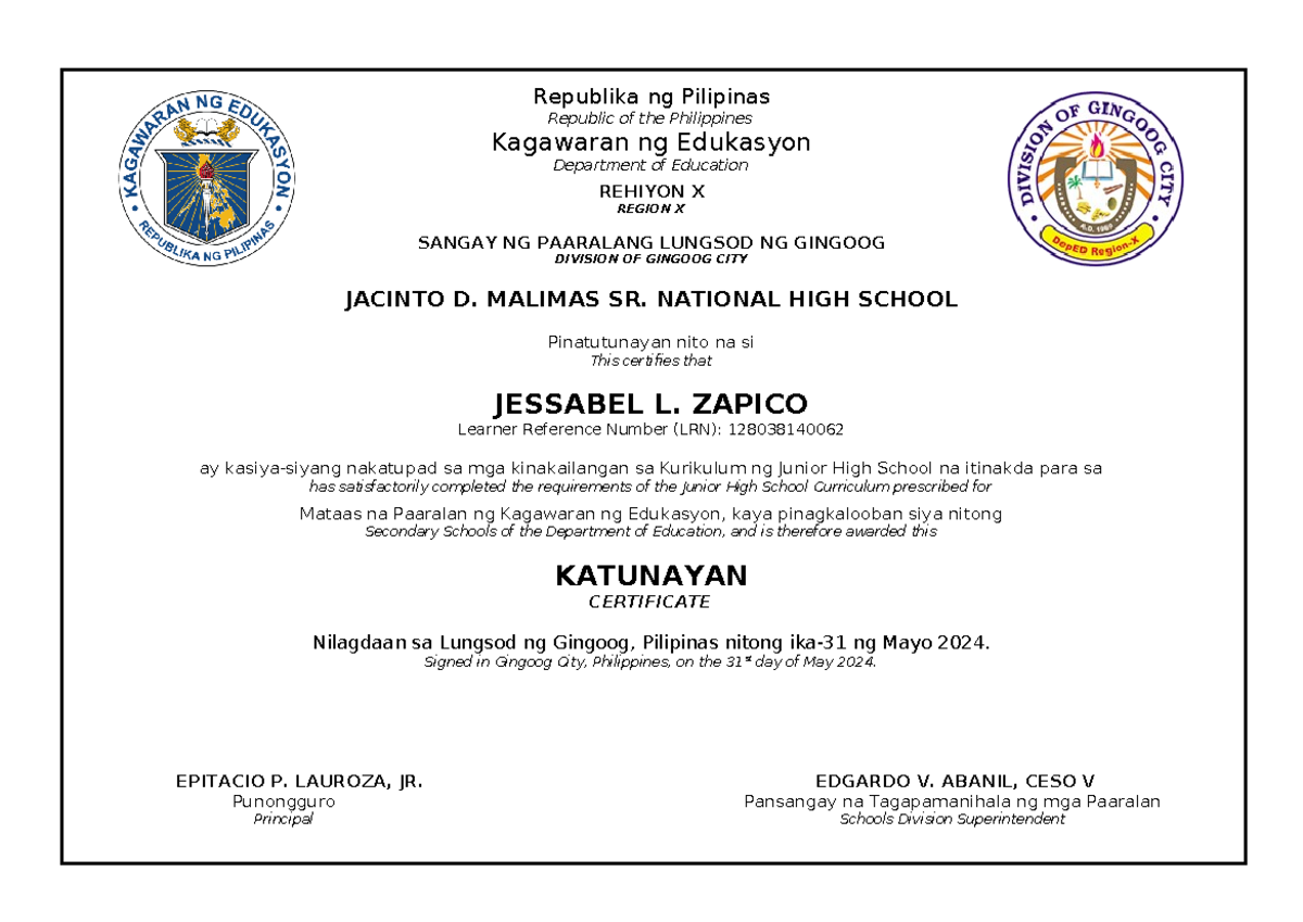 Completion Certificate 2024 JHS - Republika ng Pilipinas Republic of ...