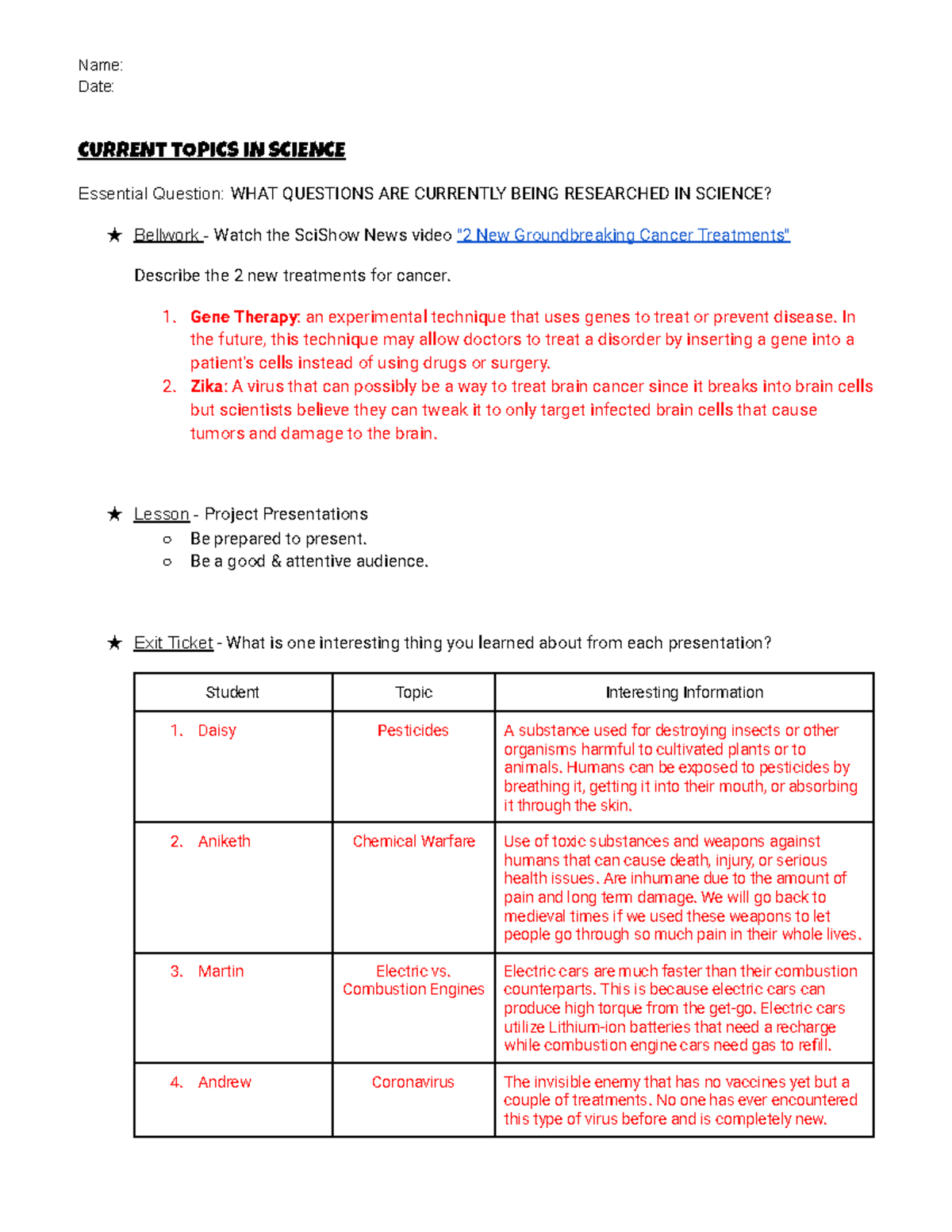 Current Topics in Science Notes - Name: Date: CURRENT TOPICS IN SCIENCE ...