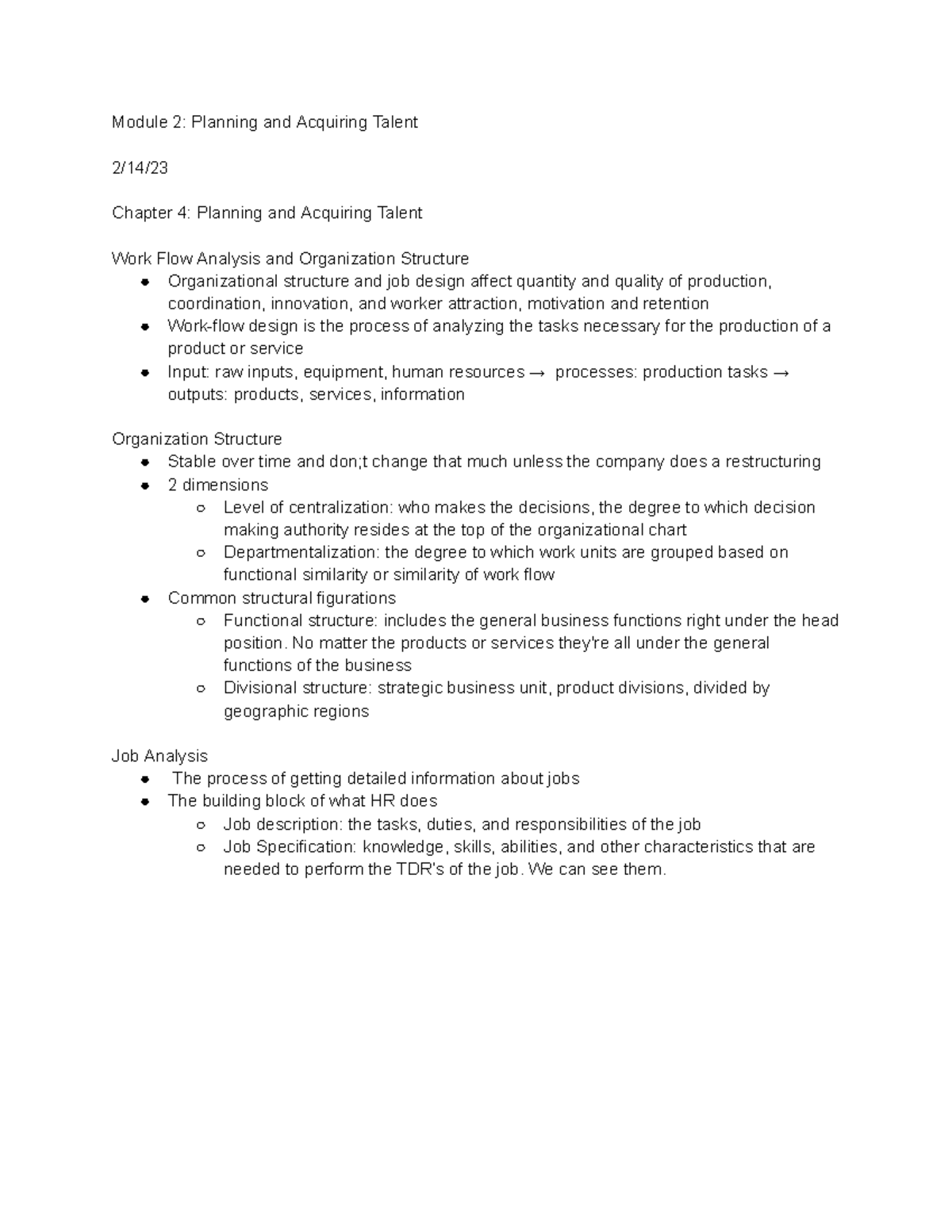 MGT 3320 Chapter 4 Notes Module 2 Planning and Acquiring Talent 2/14