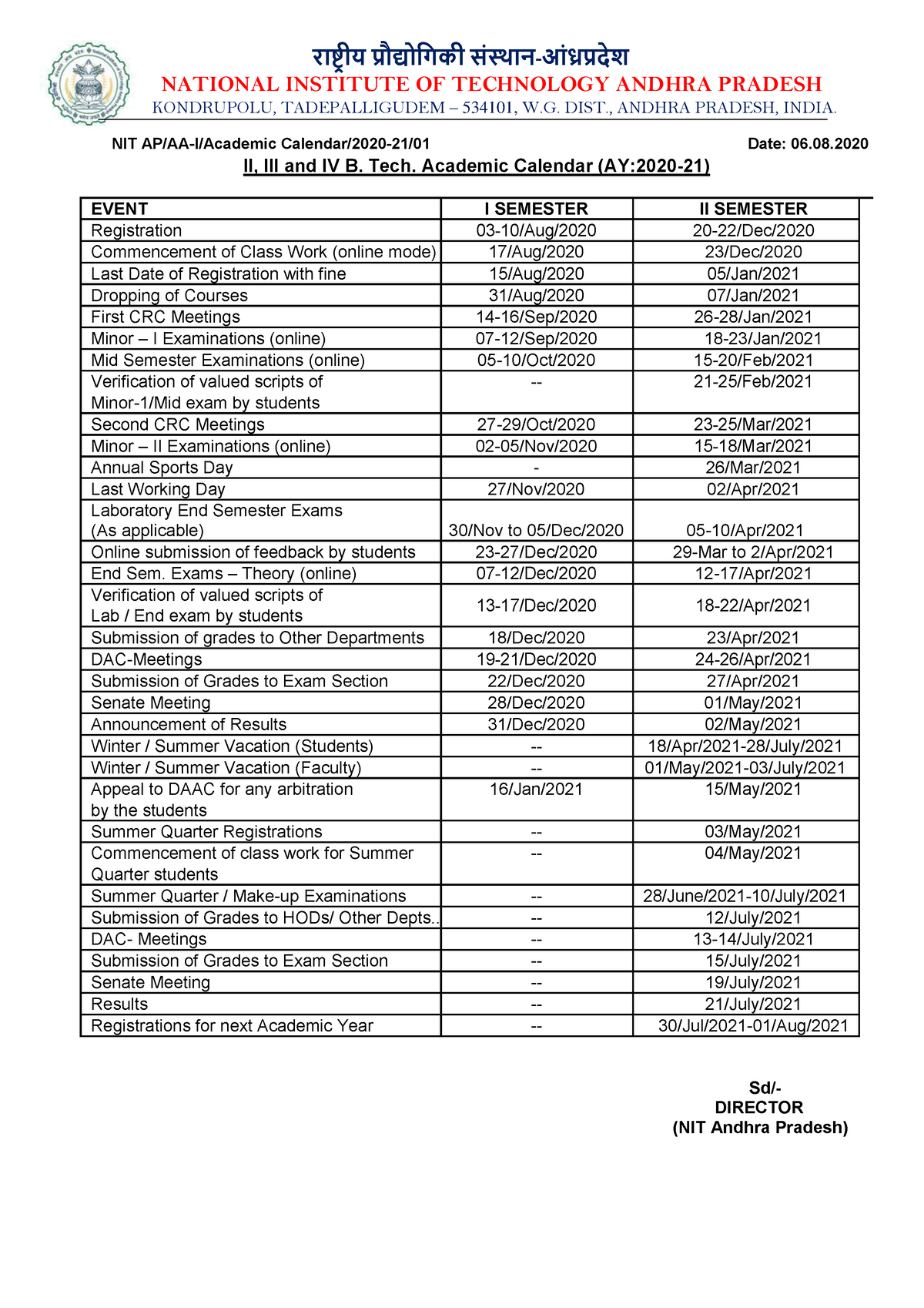 Academic Calendar 2020 21 राष्ट्रीय प्रौद्योगिकी संस्थान आंध्रप्रदेश