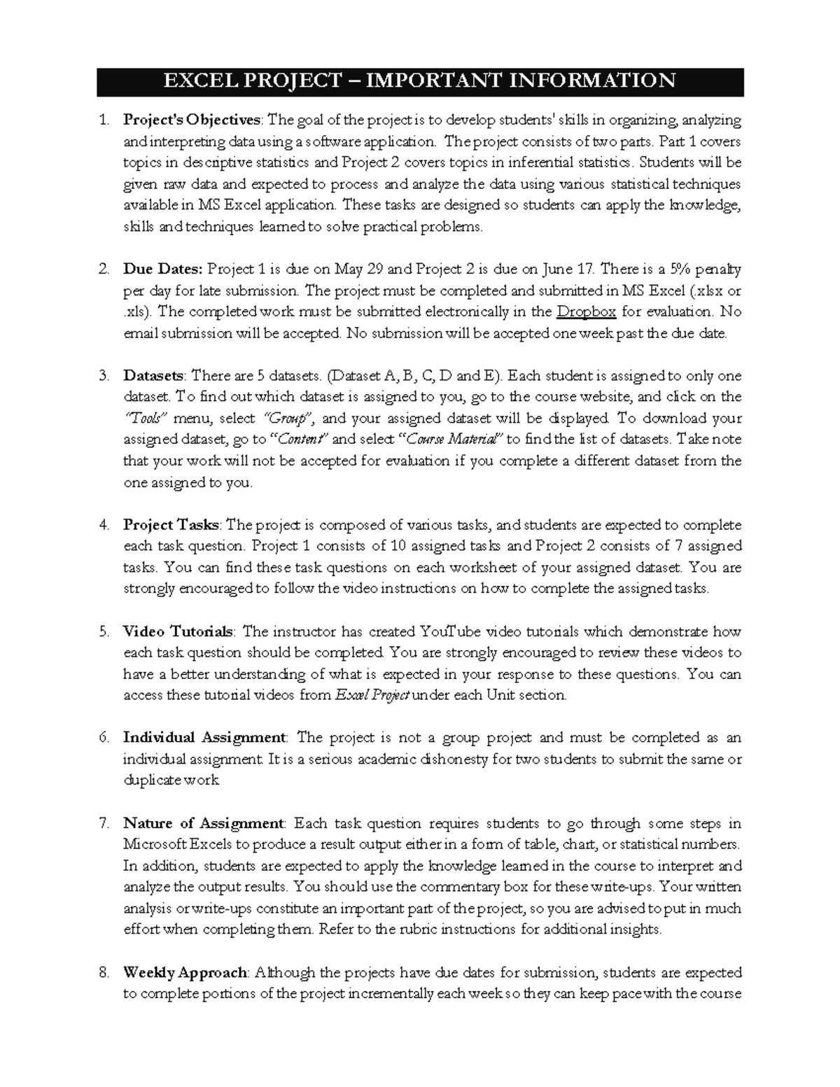 Excel Project - Important Information - EXCEL PROJECT – IMPORTANT ...
